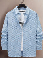 LuckeLadybug LLC Button Up Shirt for Men over Graphic Men's T Shirt in Light Blue with Diamond Pattern