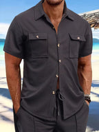 LuckeLadybug LLC button-up in dark gray, perfect for pairing with graphic men's t shirt for casual style