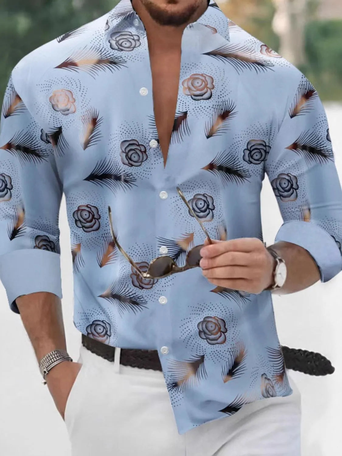 LuckeLadybug LLC Blue Button Up Shirt with Floral Graphic Design for Men's Fashion