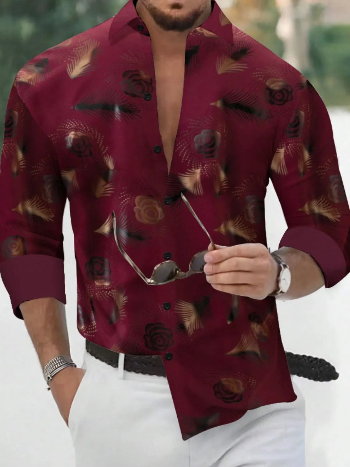 LuckeLadybug LLC graphic men's t shirt in maroon with floral pattern, perfect for casual outings