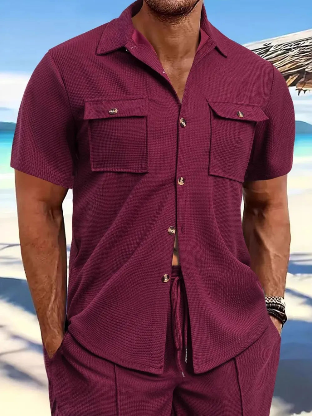 LuckeLadybug LLC graphic men's t shirt in burgundy with two front pockets and a stylish fit