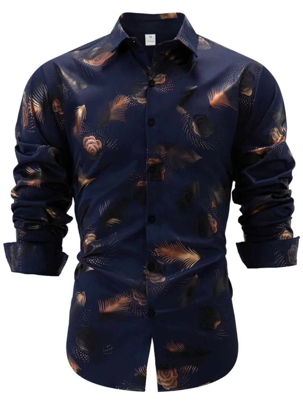 Navy button-up shirt with floral design, stylish for casual or formal events, featuring graphic men's t shirt elements