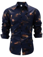 Navy button-up shirt with floral design, stylish for casual or formal events, featuring graphic men's t shirt elements