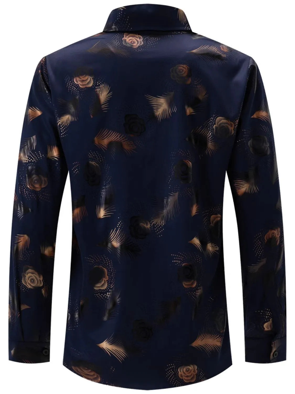 Back view of a LuckeLadybug LLC button-up shirt with a colorful floral pattern for men, ideal as a graphic men's t shirt.
