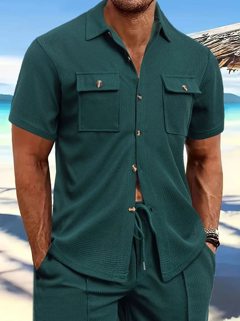 LuckeLadybug LLC graphic men's t shirt in teal color with a stylish button-up design