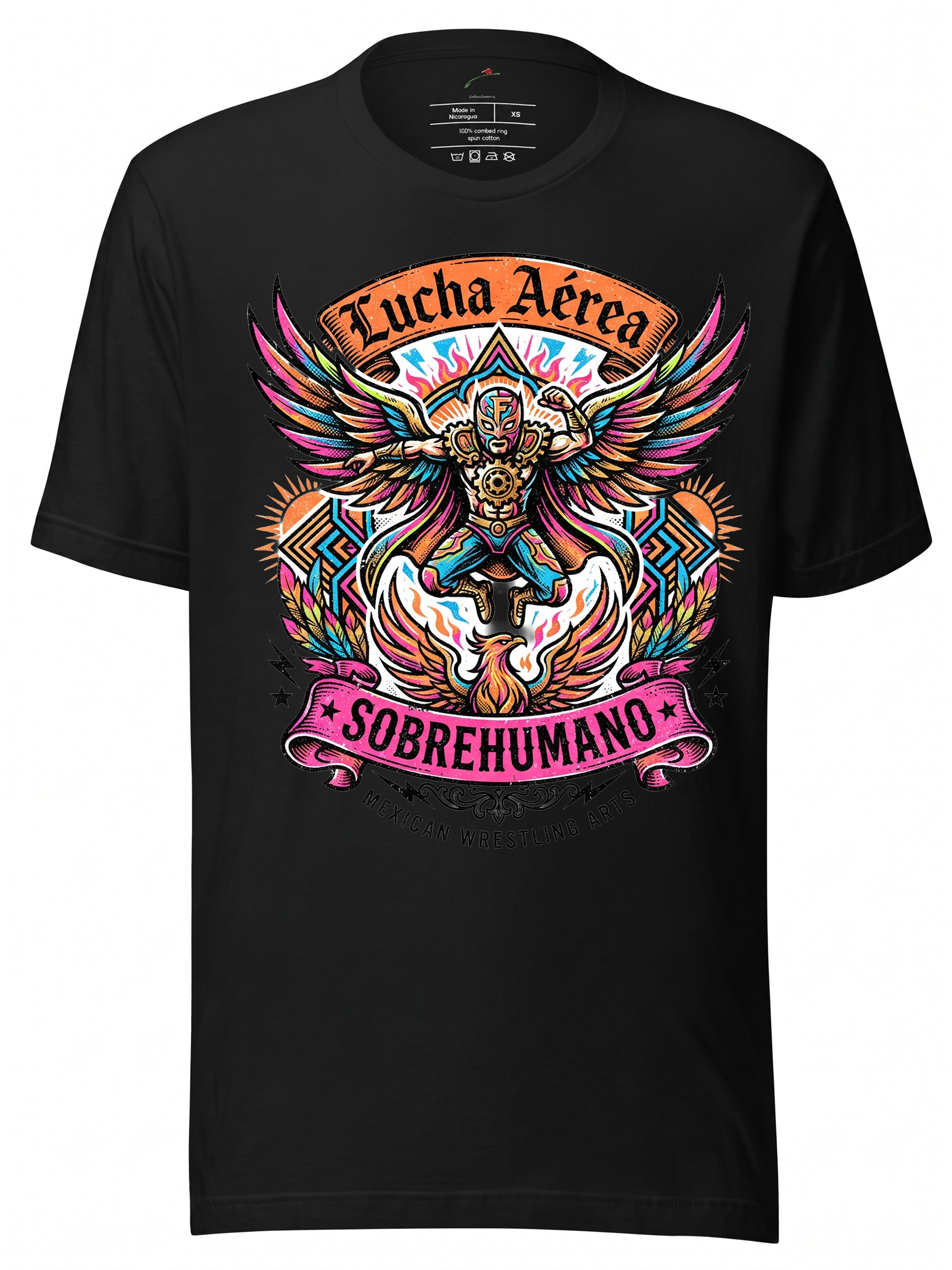 LuckeLadybug graphic tee clothing featuring vibrant Lucha Aérea design with colorful wings and bold graphics