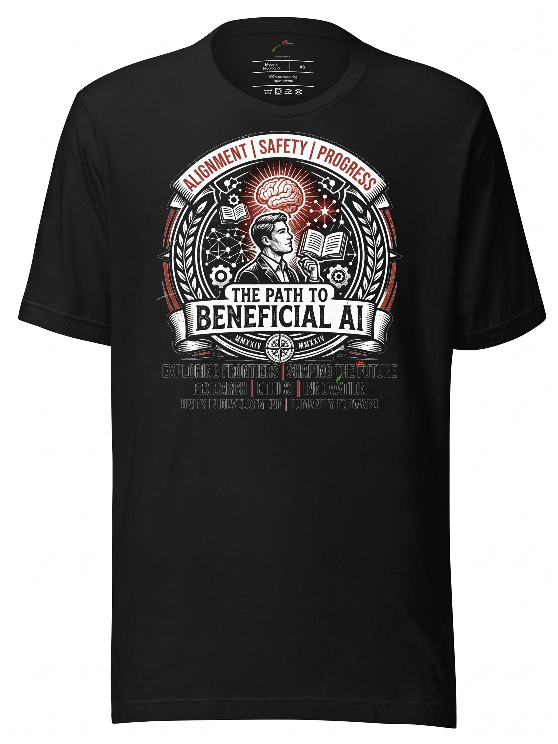 Black graphic tee clothing featuring a design about the path to beneficial AI