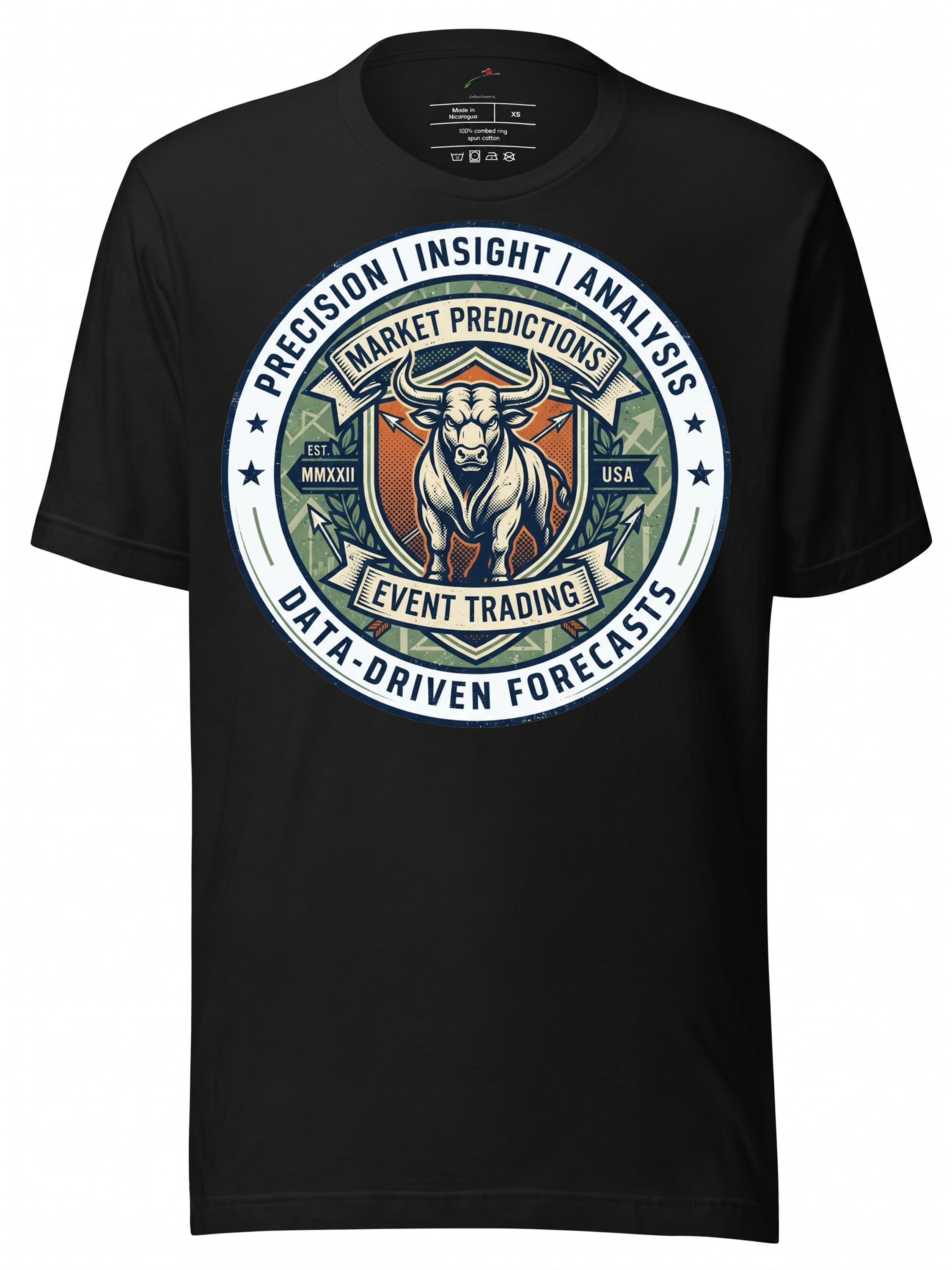 LuckeLadybug LLC Black Graphic Tee Clothing featuring a bull design and trading analysis graphics