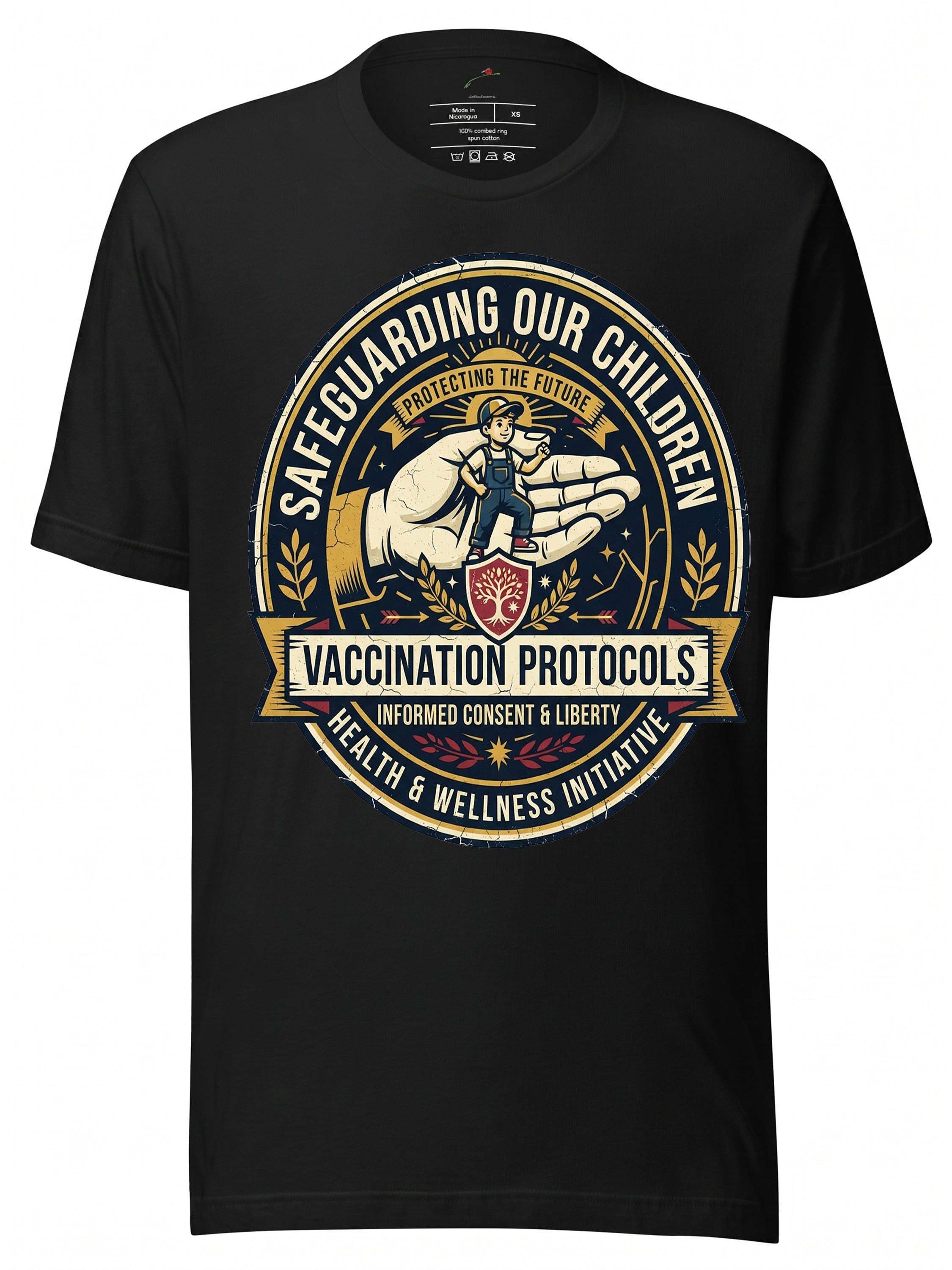 LuckeLadybug LLC Black Graphic Tee Clothing with Vaccination Protocols Illustration