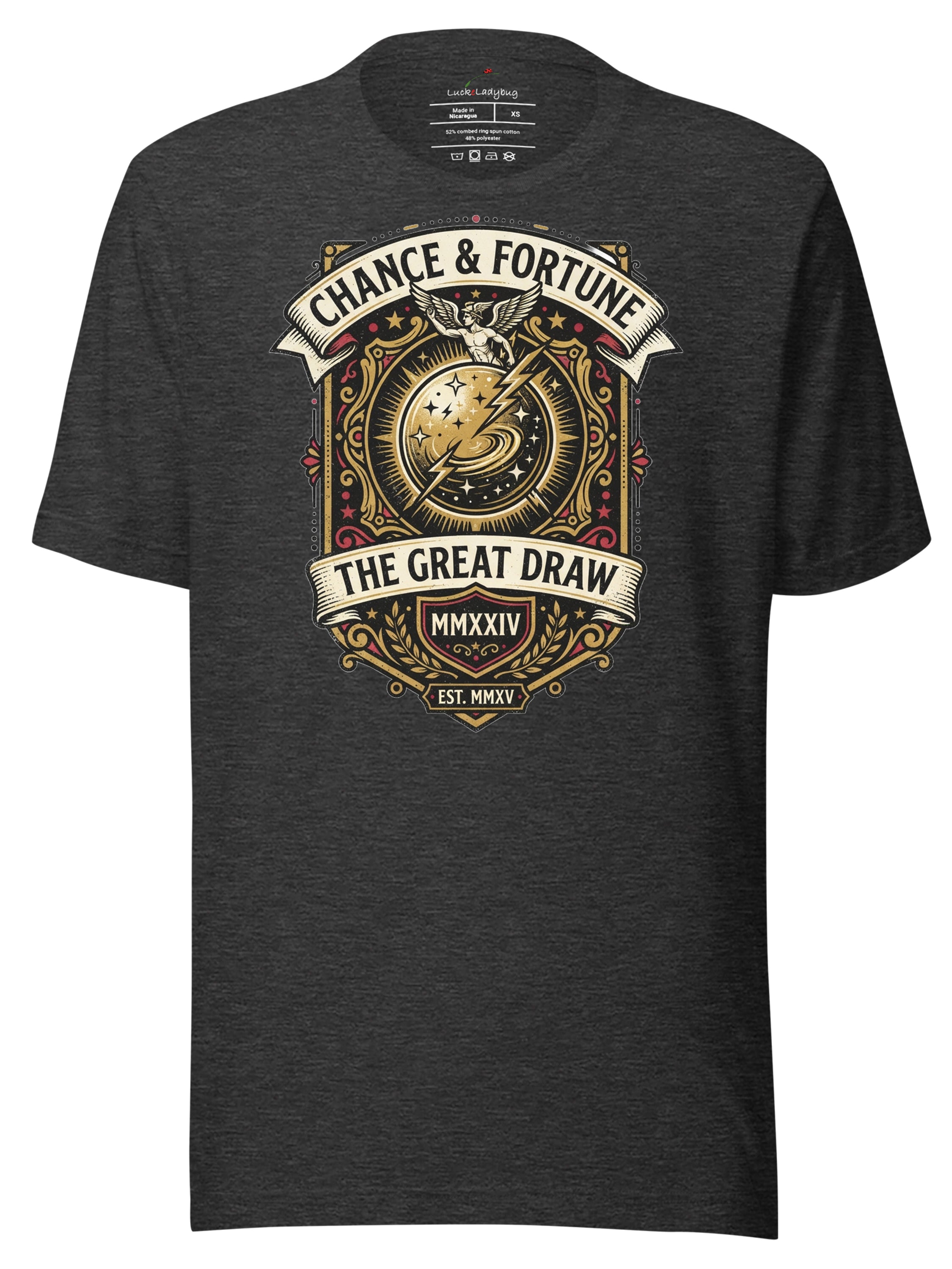 LuckeLadybug LLC Chance and Fortune Graphic Tee Clothing with Artistic Design on Charcoal Background