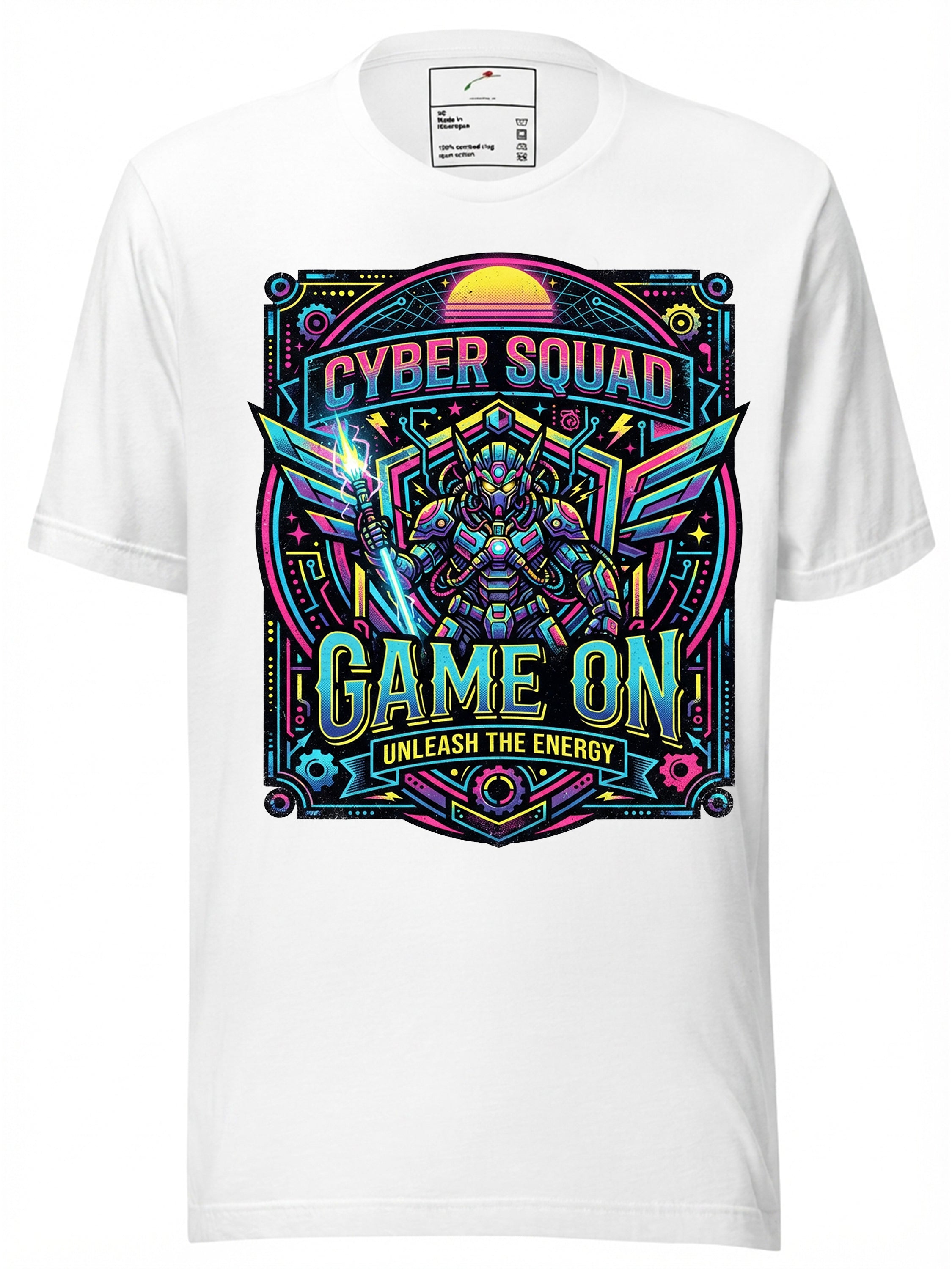 White graphic tee clothing featuring vibrant Cyber Squad Game On design with colorful graphics