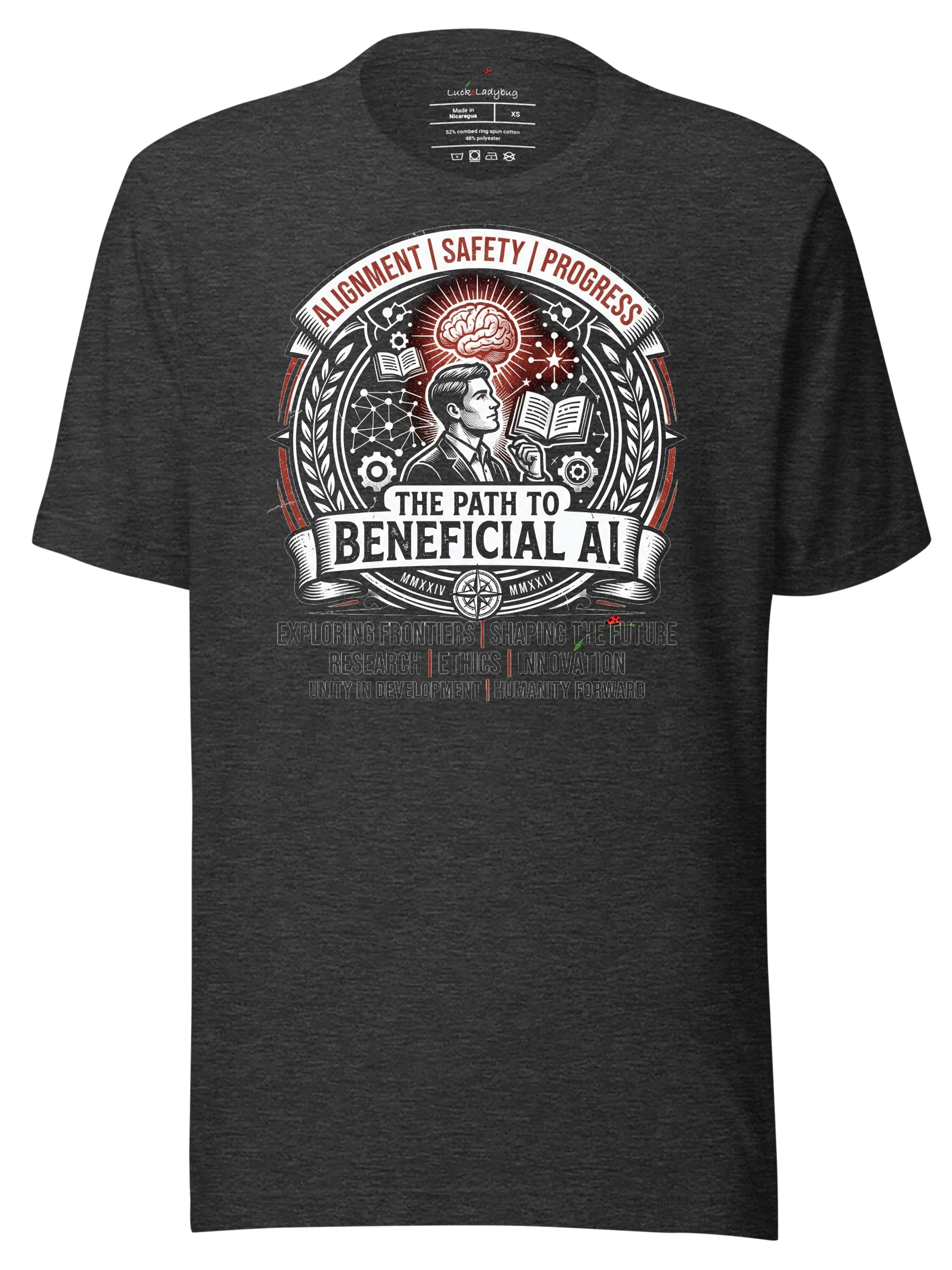 Dark gray graphic tee clothing featuring a design on AI alignment and safety