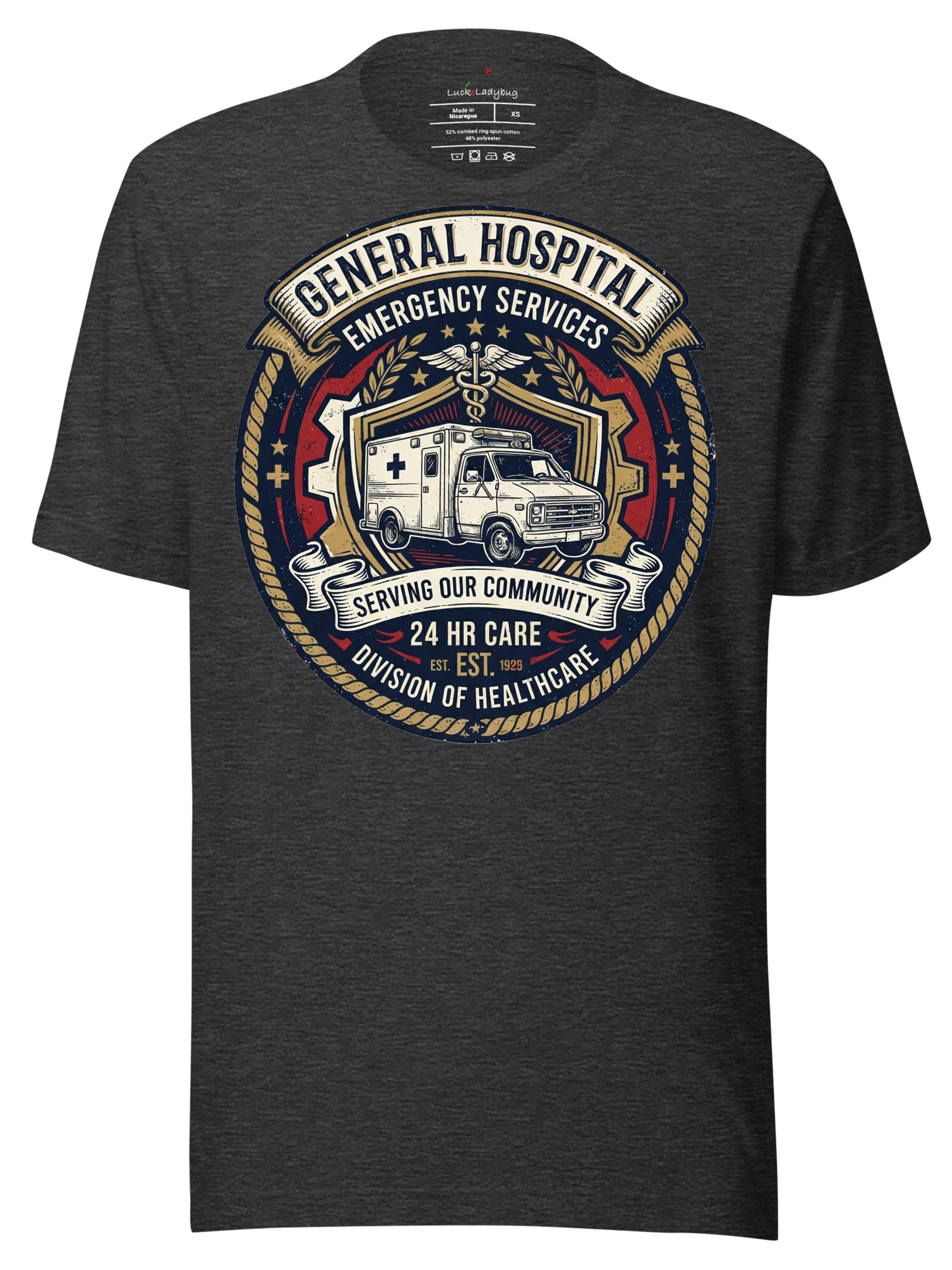 General Hospital Emergency Services graphic tee clothing with vintage ambulance design for health care supporters