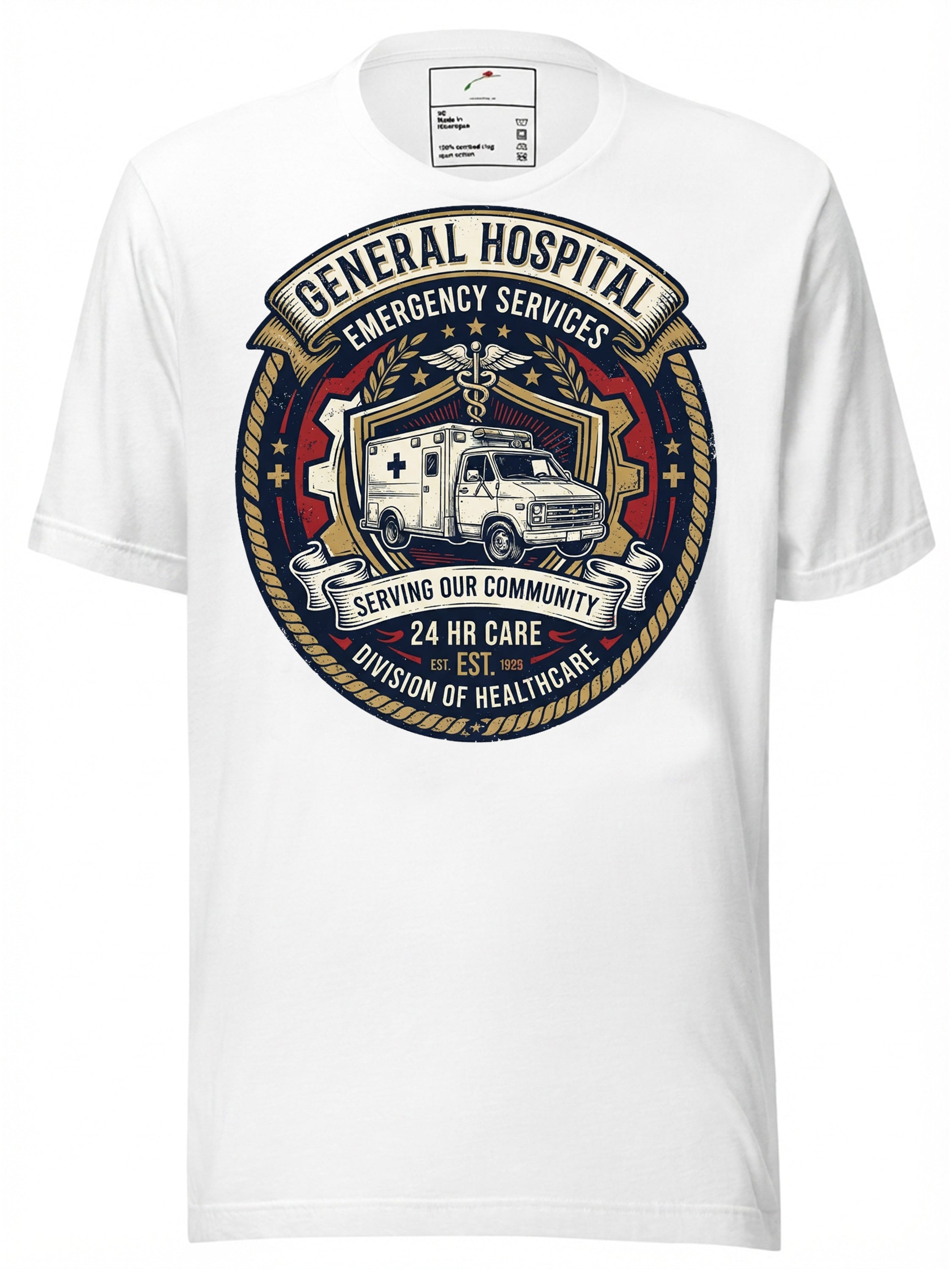 General Hospital Graphic Tee Clothing featuring an ambulance design and emergency services logo