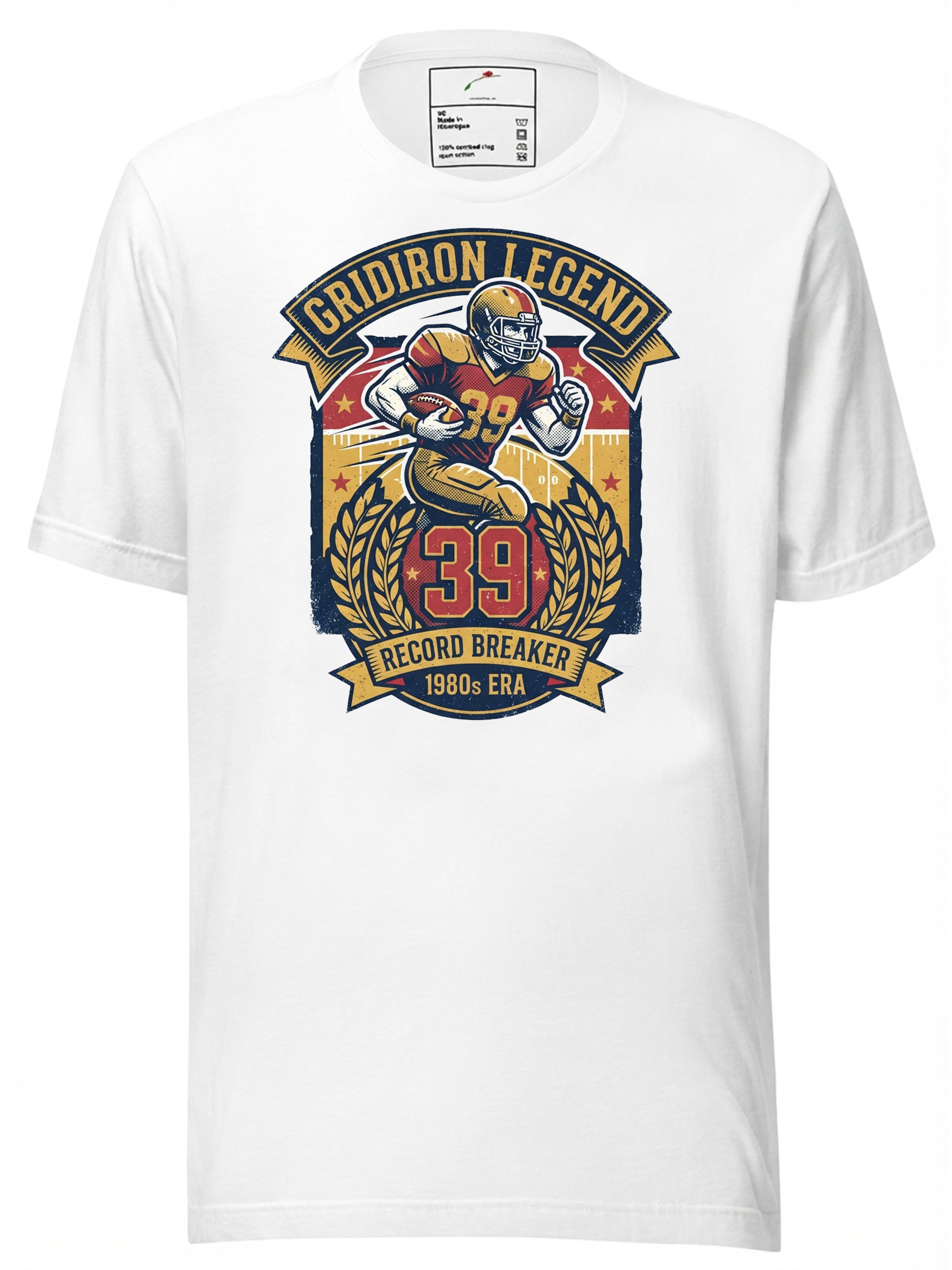 LuckeLadybug LLC White Graphic Tee Clothing featuring Gridiron Legend design with player and text details