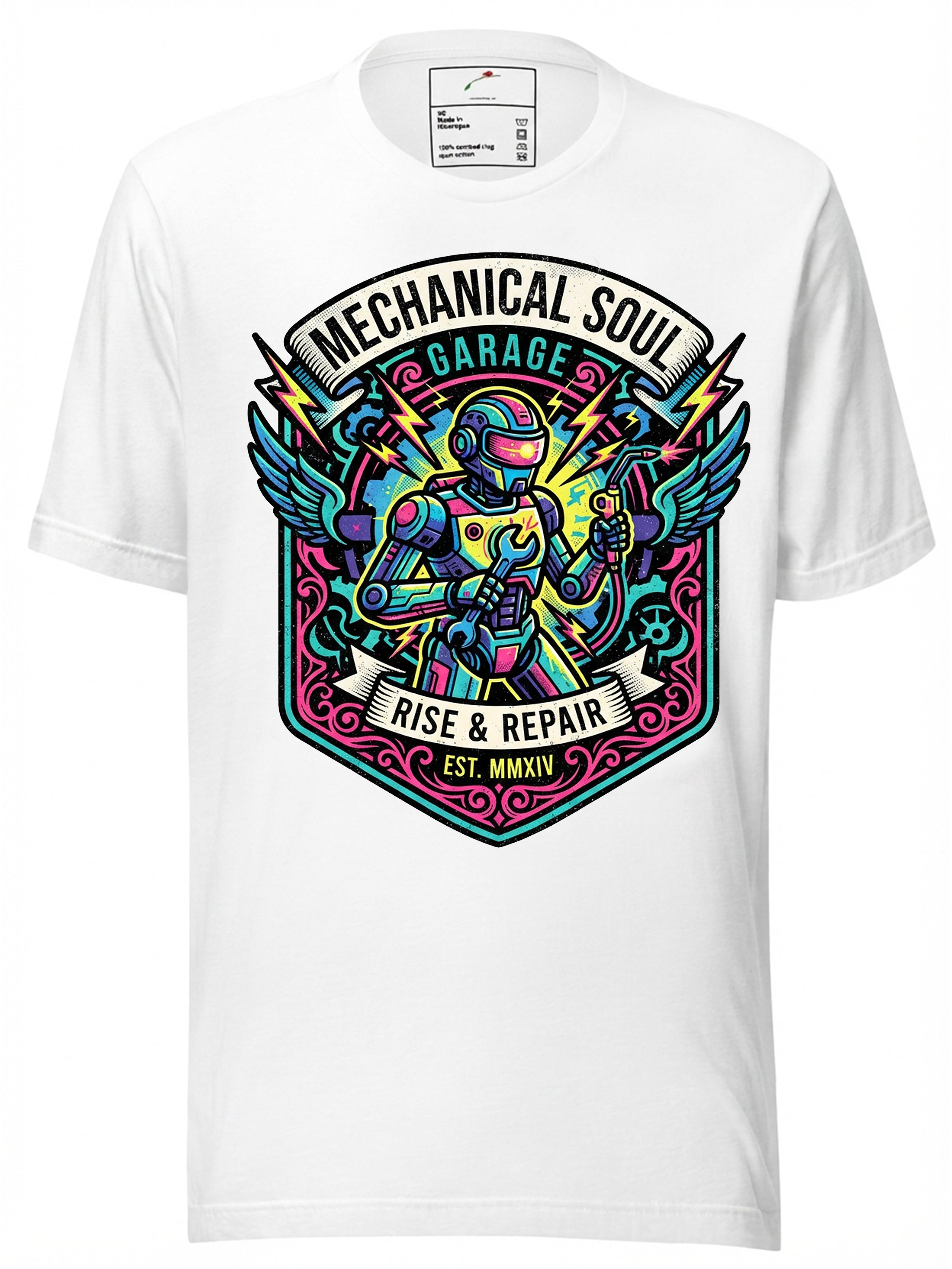 LuckeLadybug graphic tee clothing featuring a vibrant mechanical soul design with a robot holding tools