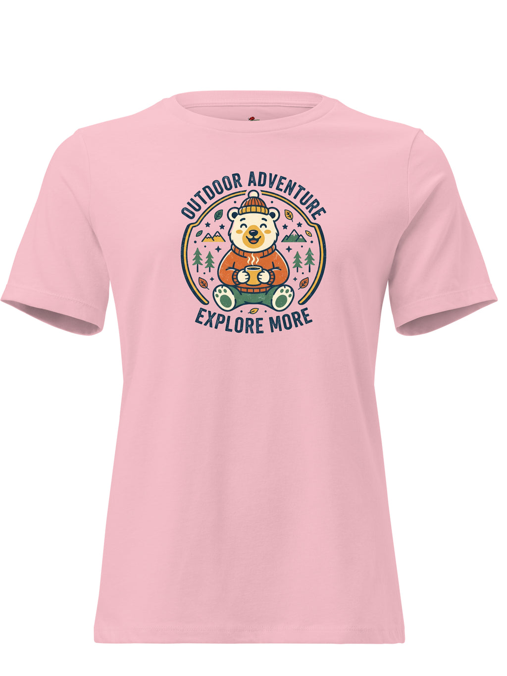 Pink graphic tee clothing featuring a bear design with 'Outdoor Adventure Explore More' text