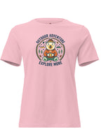 Pink graphic tee clothing featuring a bear design with 'Outdoor Adventure Explore More' text