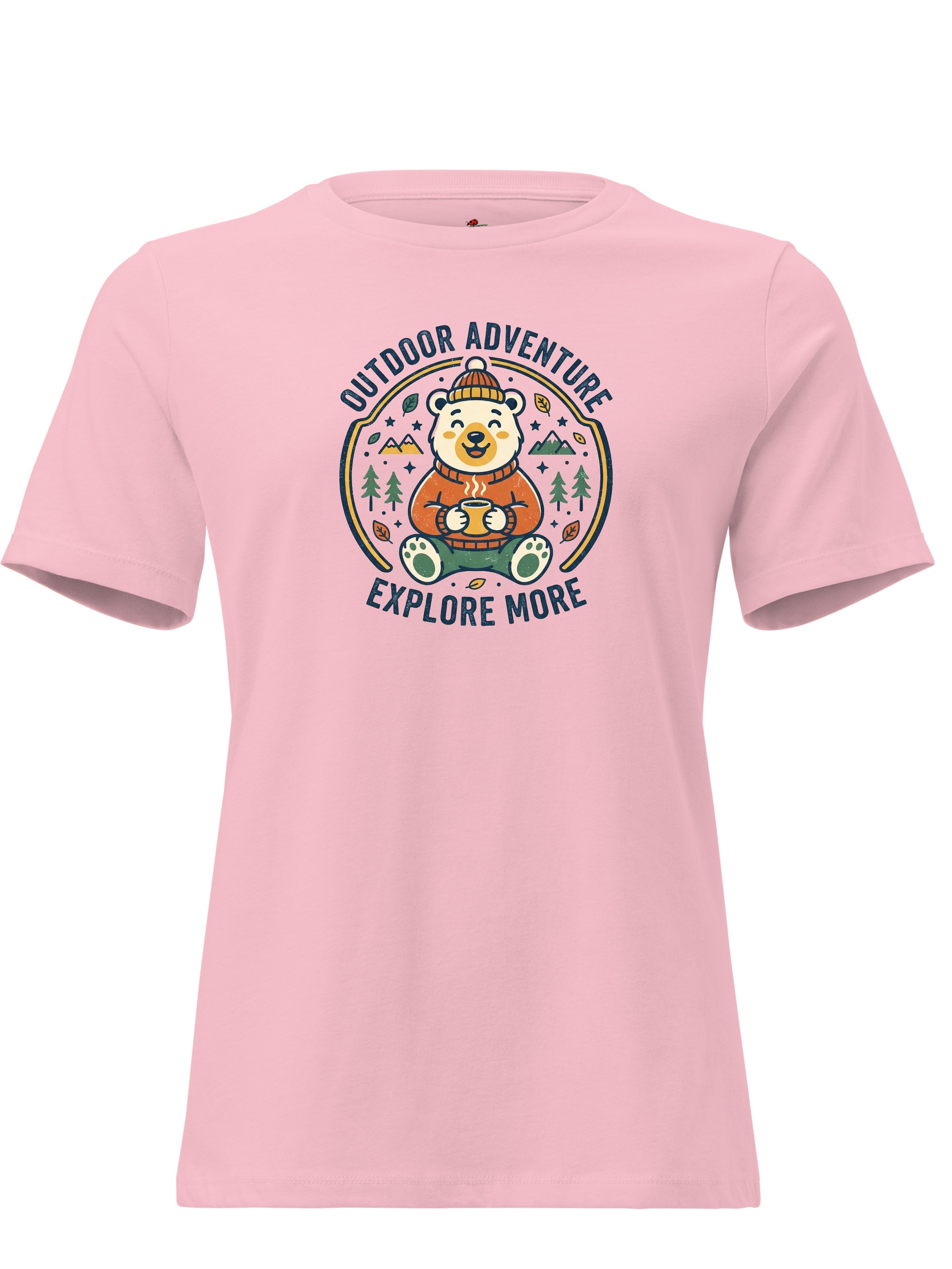 Pink graphic tee clothing featuring a bear design with 'Outdoor Adventure Explore More' text