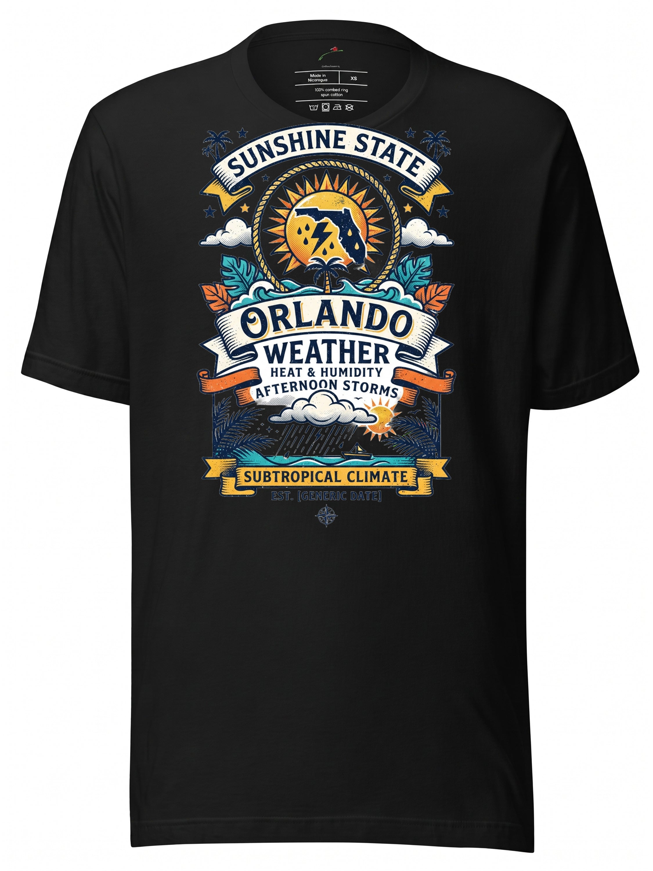 LuckeLadybug LLC Black Graphic Tee Clothing featuring Orlando Weather Design with Colorful Graphics