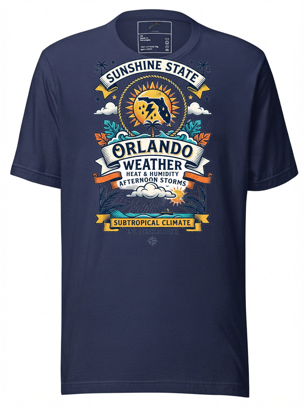 Navy graphic tee clothing featuring Orlando Weather design with sun and storms