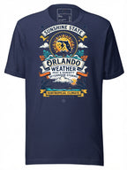 Navy graphic tee clothing featuring Orlando Weather design with sun and storms