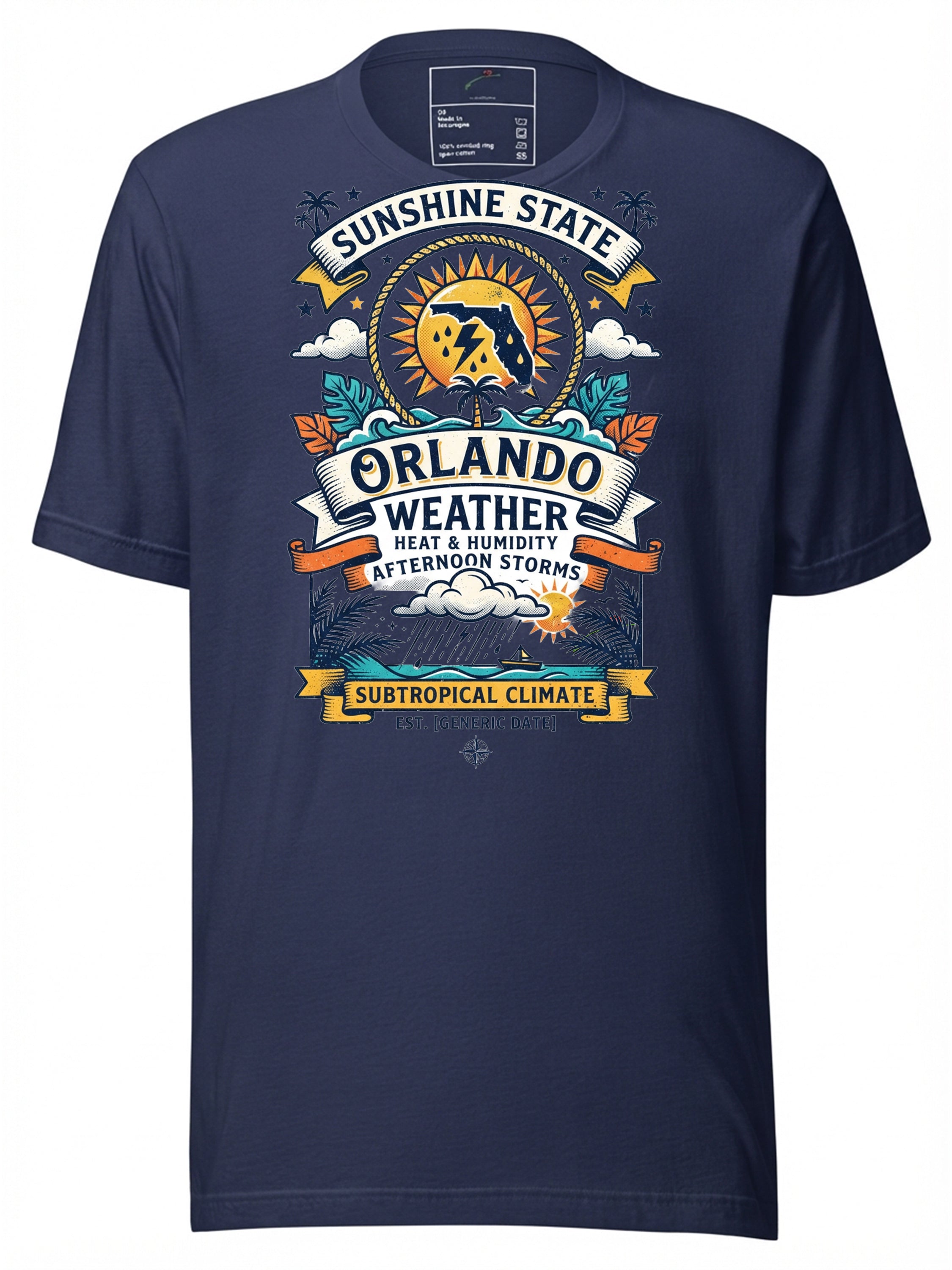Navy graphic tee clothing featuring Orlando Weather design with sun and storms