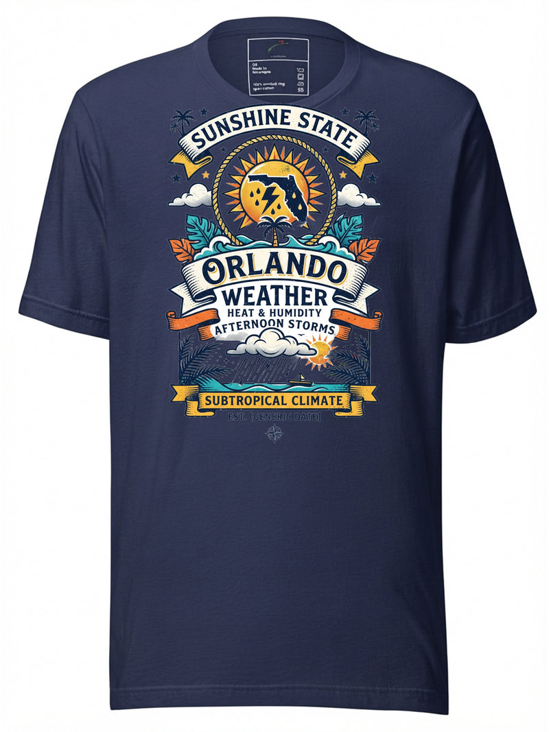 Navy graphic tee clothing featuring Orlando Weather design with sun and storms