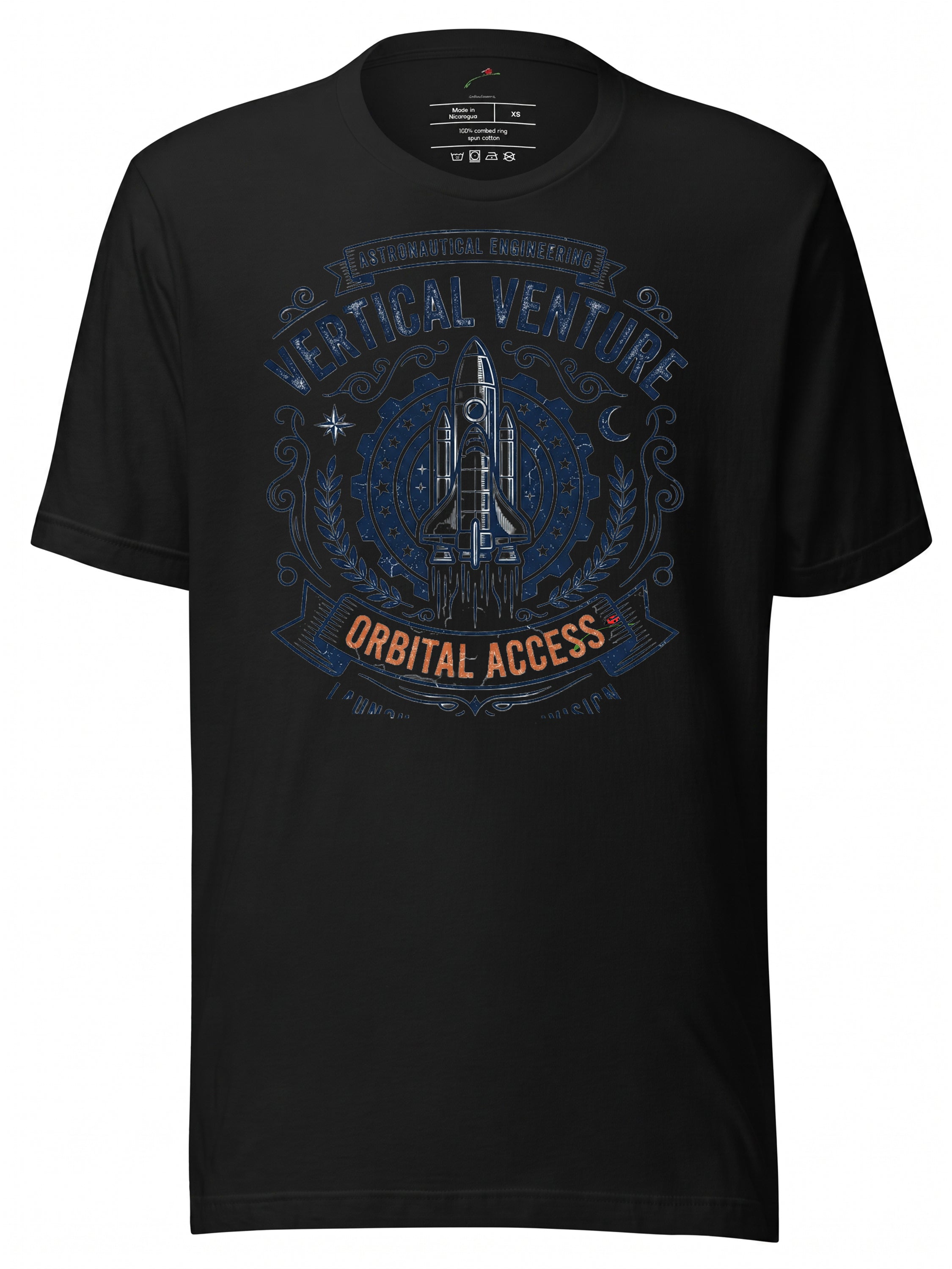 LuckeLadybug LLC black graphic tee clothing featuring a rocket design with Orbital Access theme