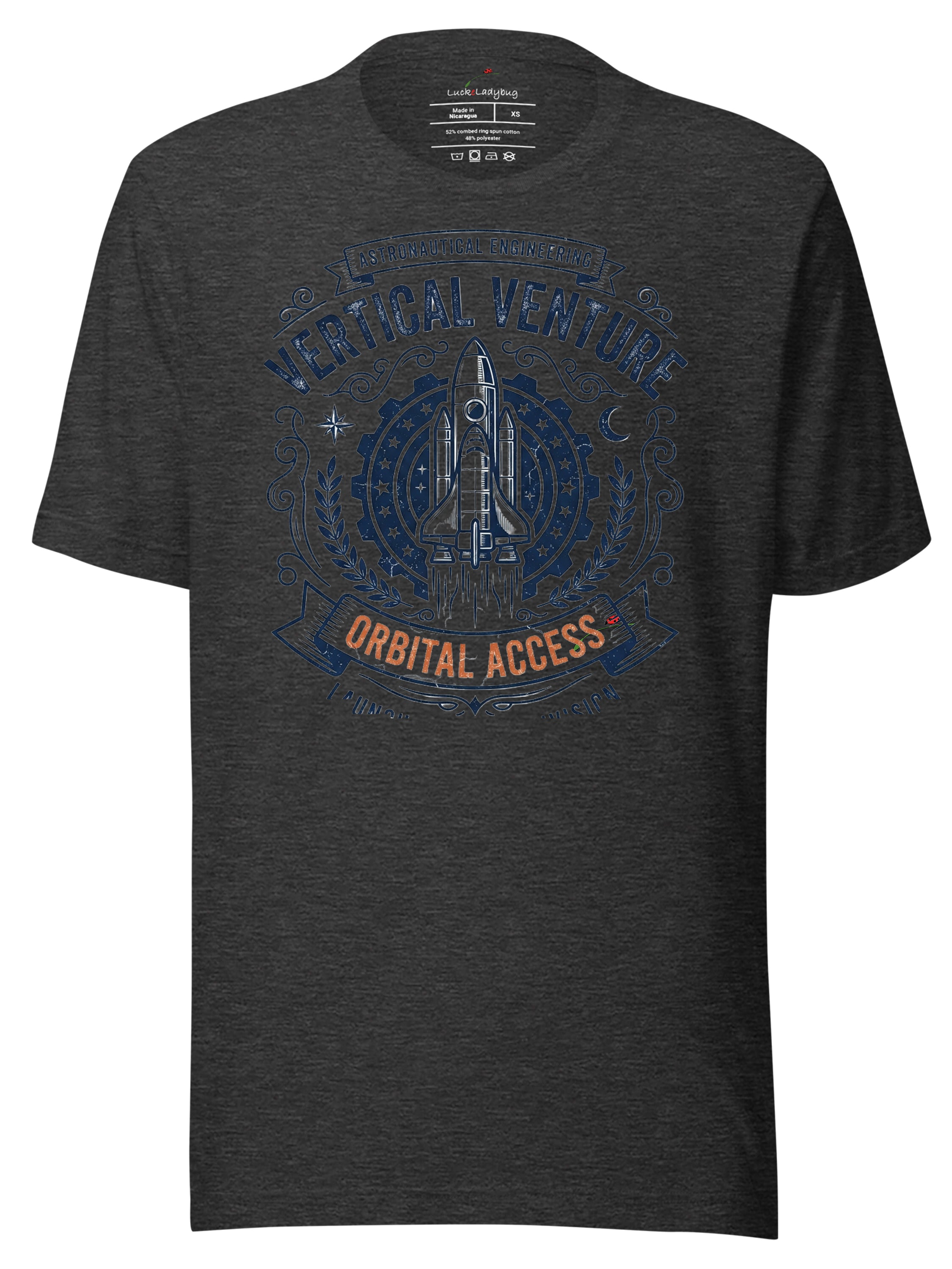 LuckeLadybug Graphic Tee Clothing with Rocket Design and Vertical Venture Theme