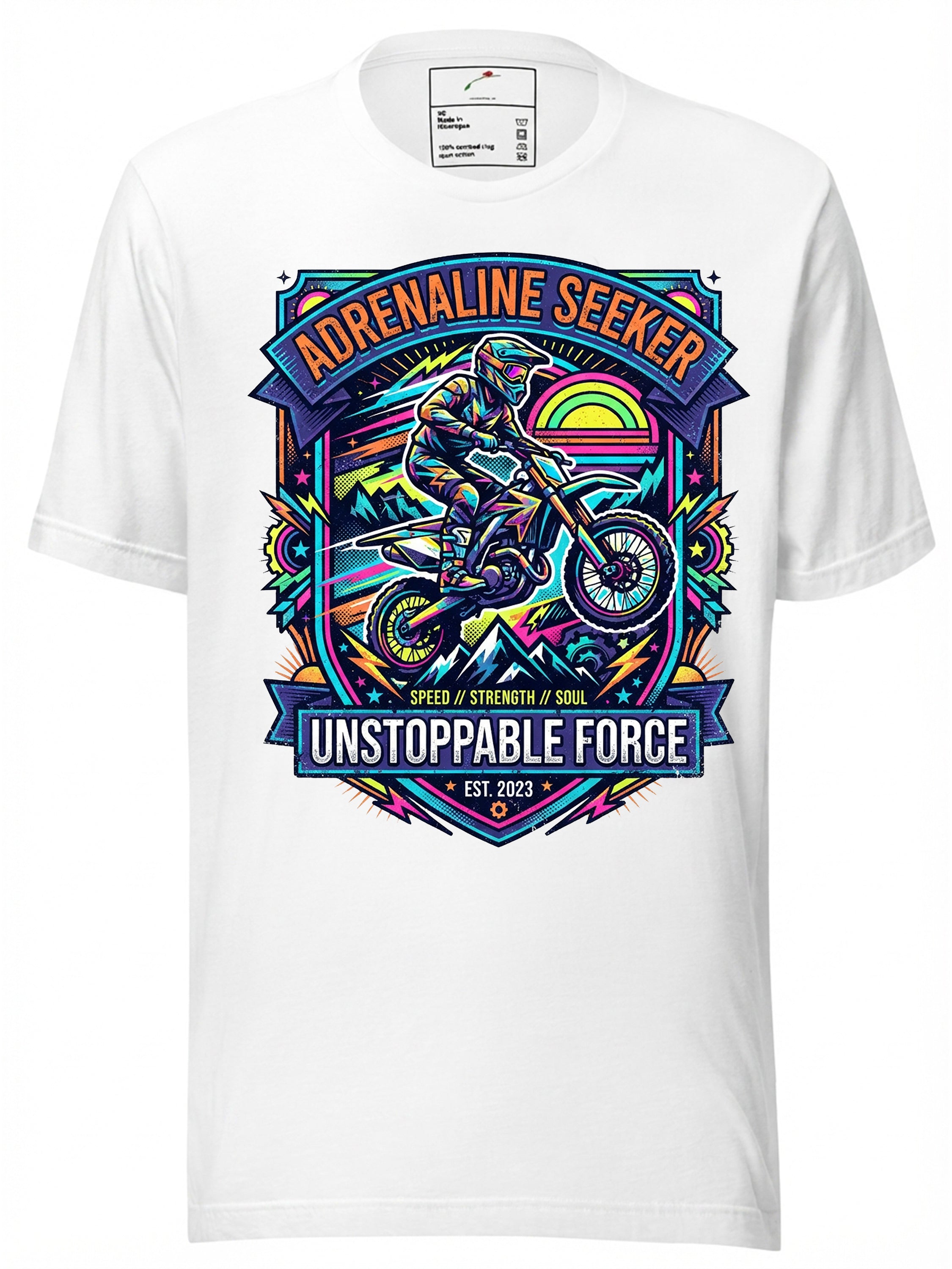 LuckeLadybug LLC Adrenaline Seeker Graphic Tee Clothing with Colorful Motocross Design