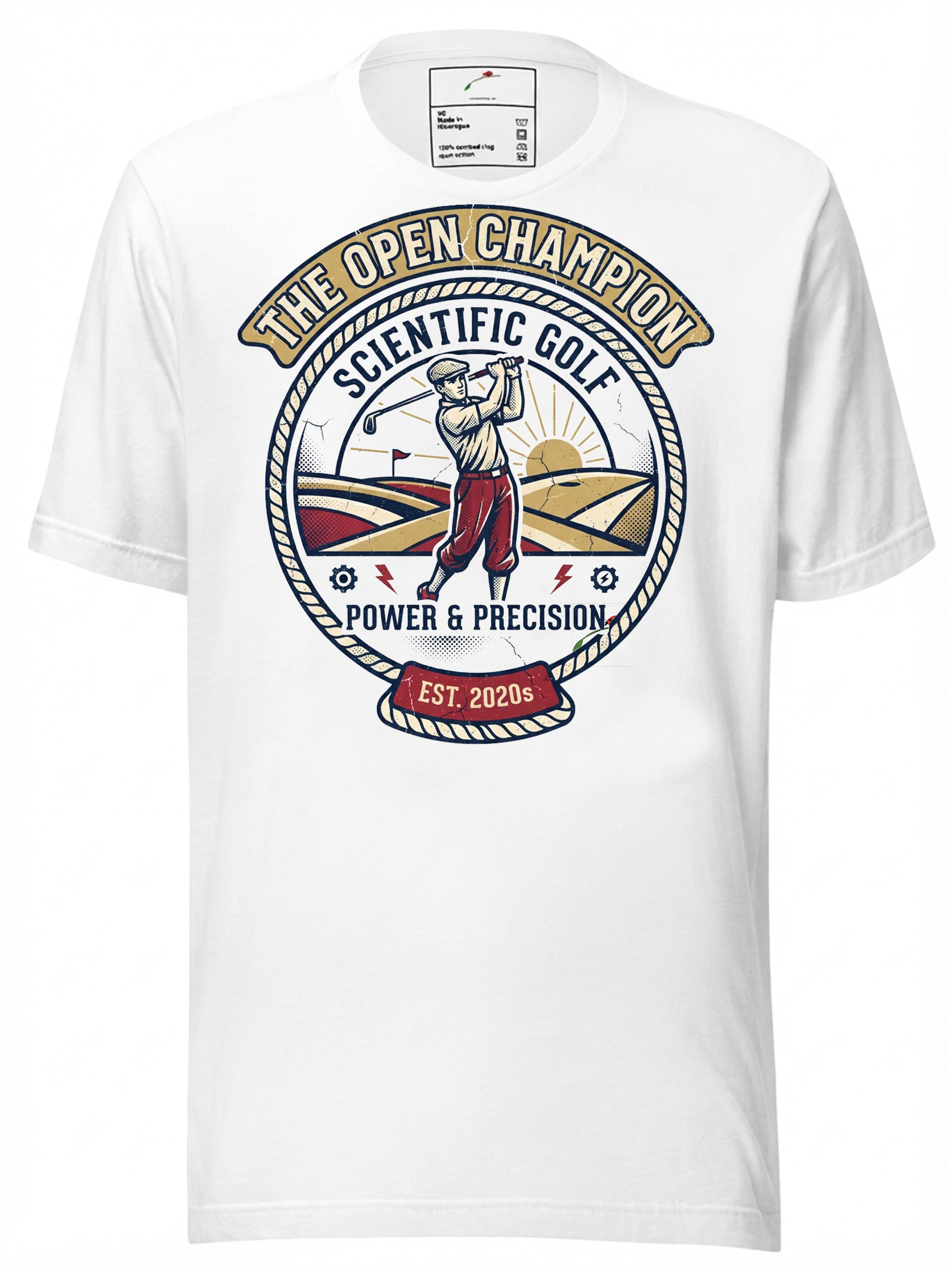 White graphic tee clothing featuring The Open Champion golf design with a vintage style