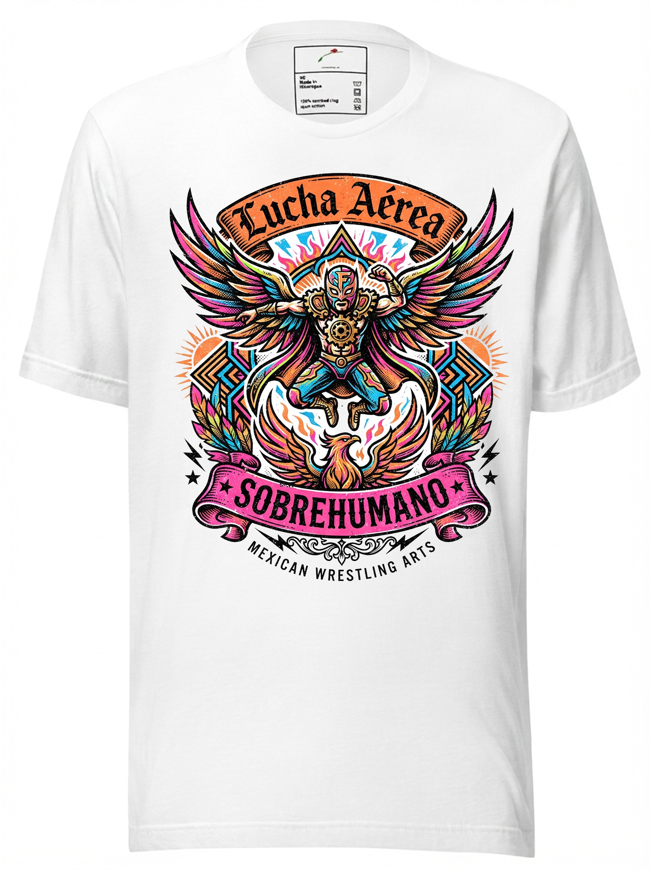 Lucha Aérea Sobrehumano Graphic Tee Clothing featuring colorful Mexican wrestling art