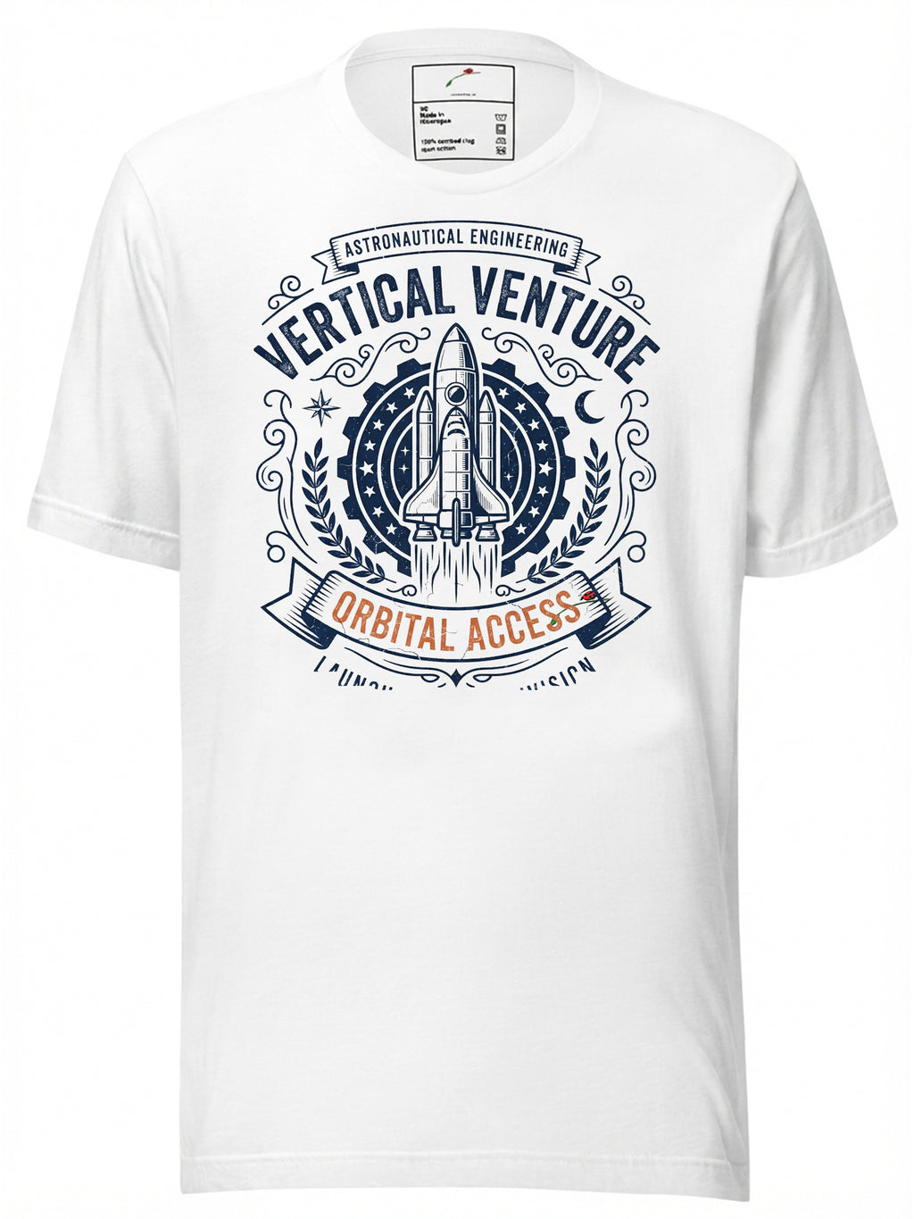 White graphic tee clothing featuring a rocket design with 'Vertical Venture' text for space enthusiasts