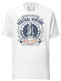 White graphic tee clothing featuring a rocket design with 'Vertical Venture' text for space enthusiasts
