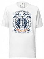 White graphic tee clothing featuring a rocket design with 'Vertical Venture' text for space enthusiasts