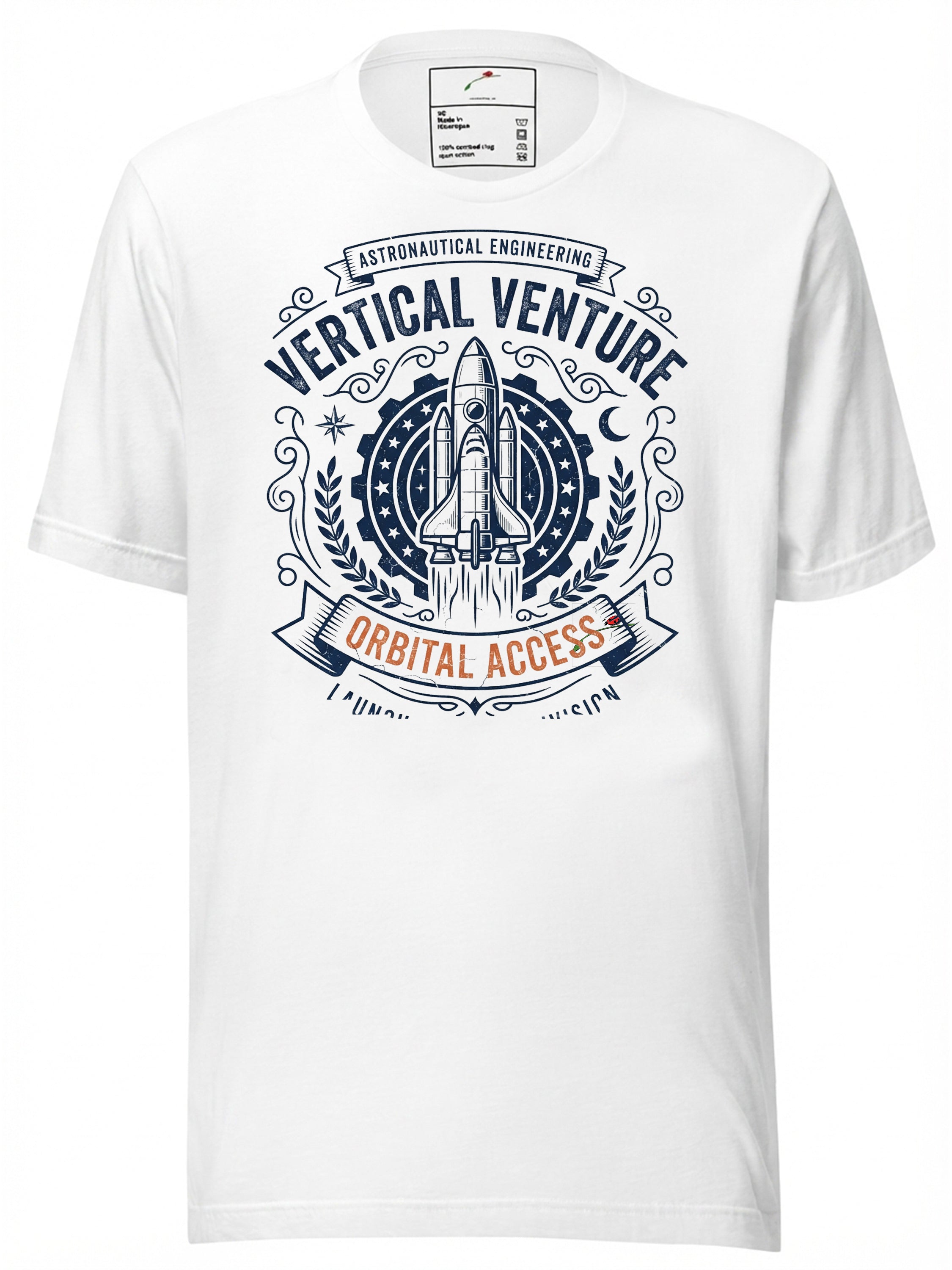 White graphic tee clothing featuring a rocket design with 'Vertical Venture' text for space enthusiasts