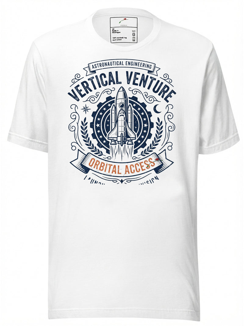 White graphic tee clothing featuring a rocket design with 'Vertical Venture' text for space enthusiasts