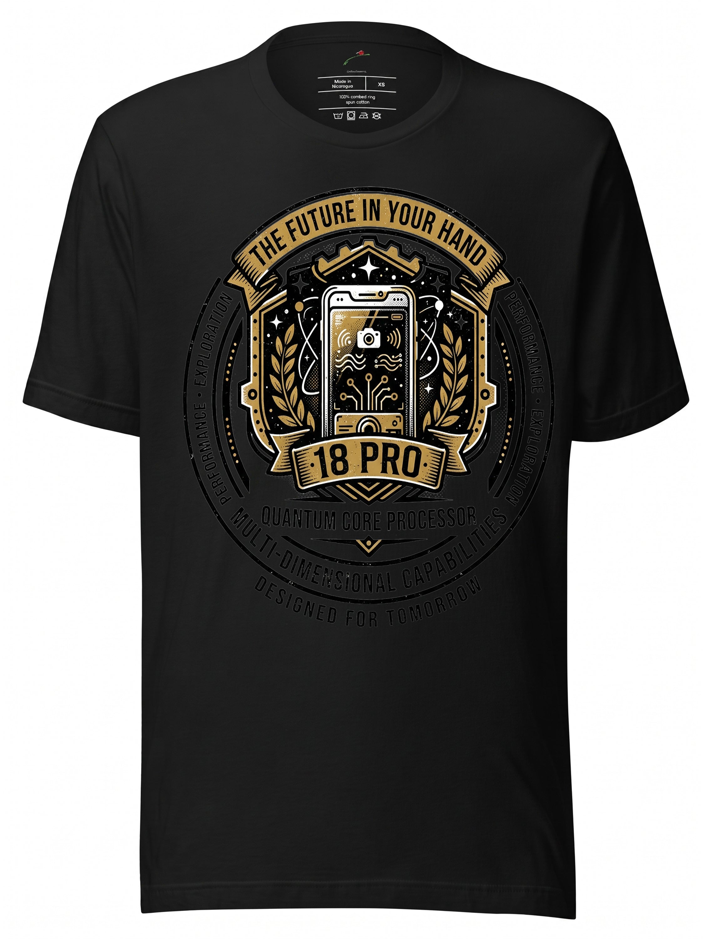 LuckeLadybug LLC Graphic Tees T Shirt featuring a gold and black futuristic design