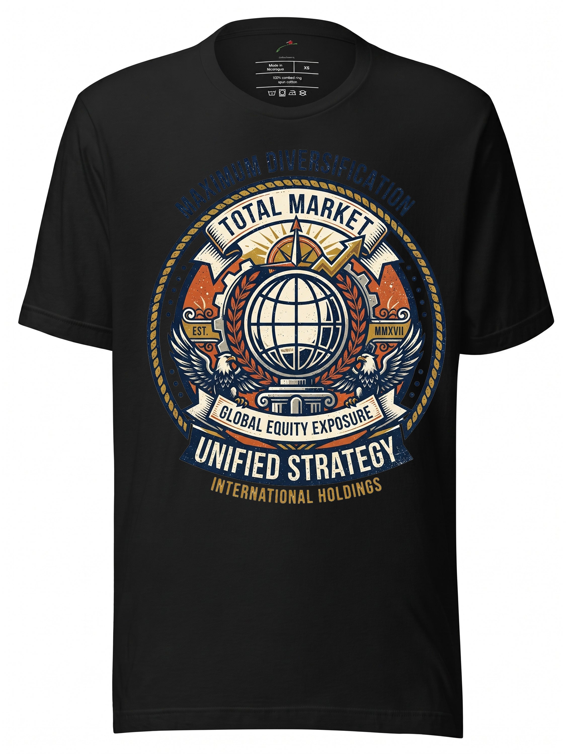 LuckeLadybug graphic tees t shirt featuring a bold globe design with market strategy text