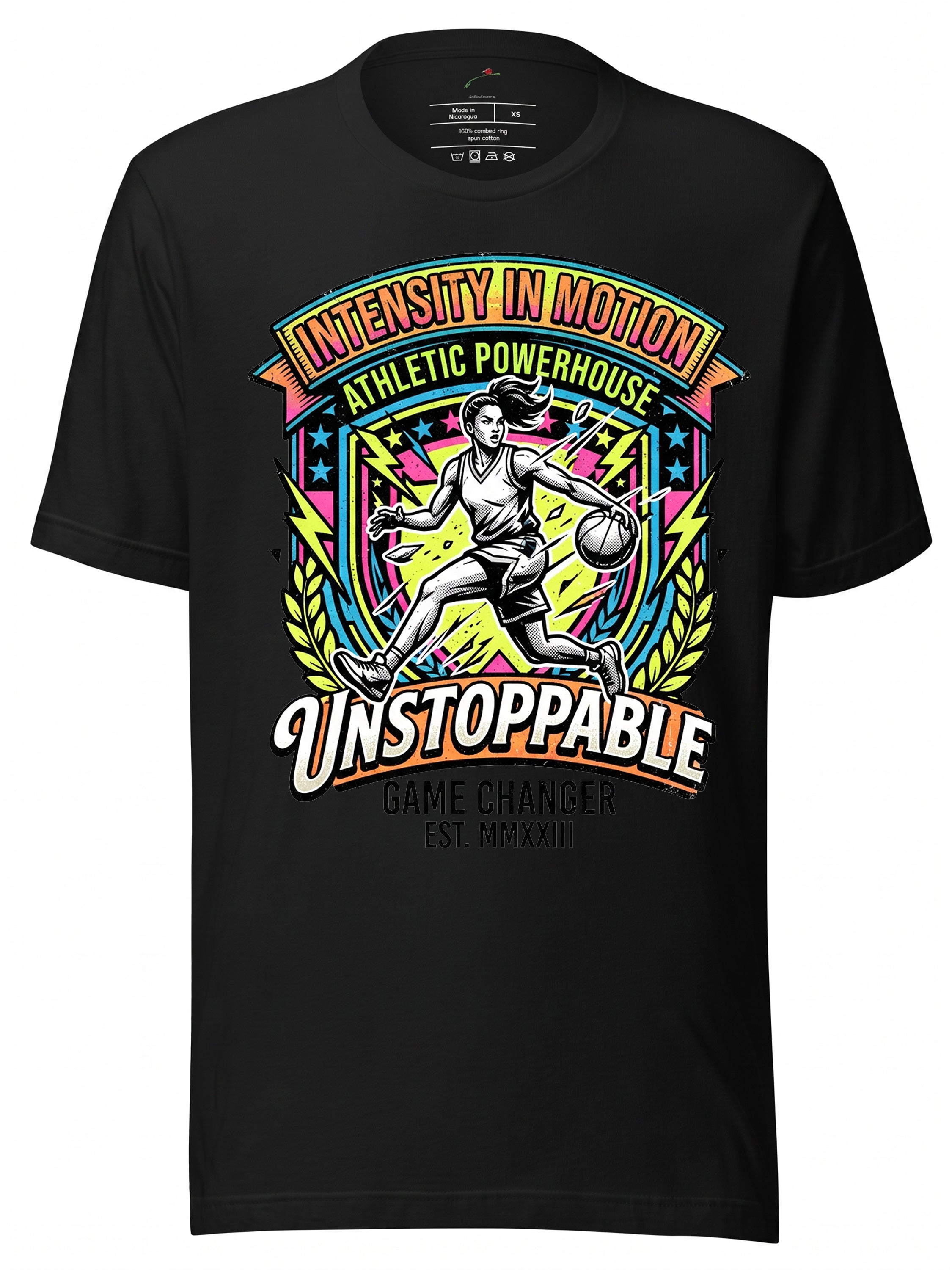 LuckeLadybug graphic tees t shirt featuring an athletic design with a basketball player and vibrant colors