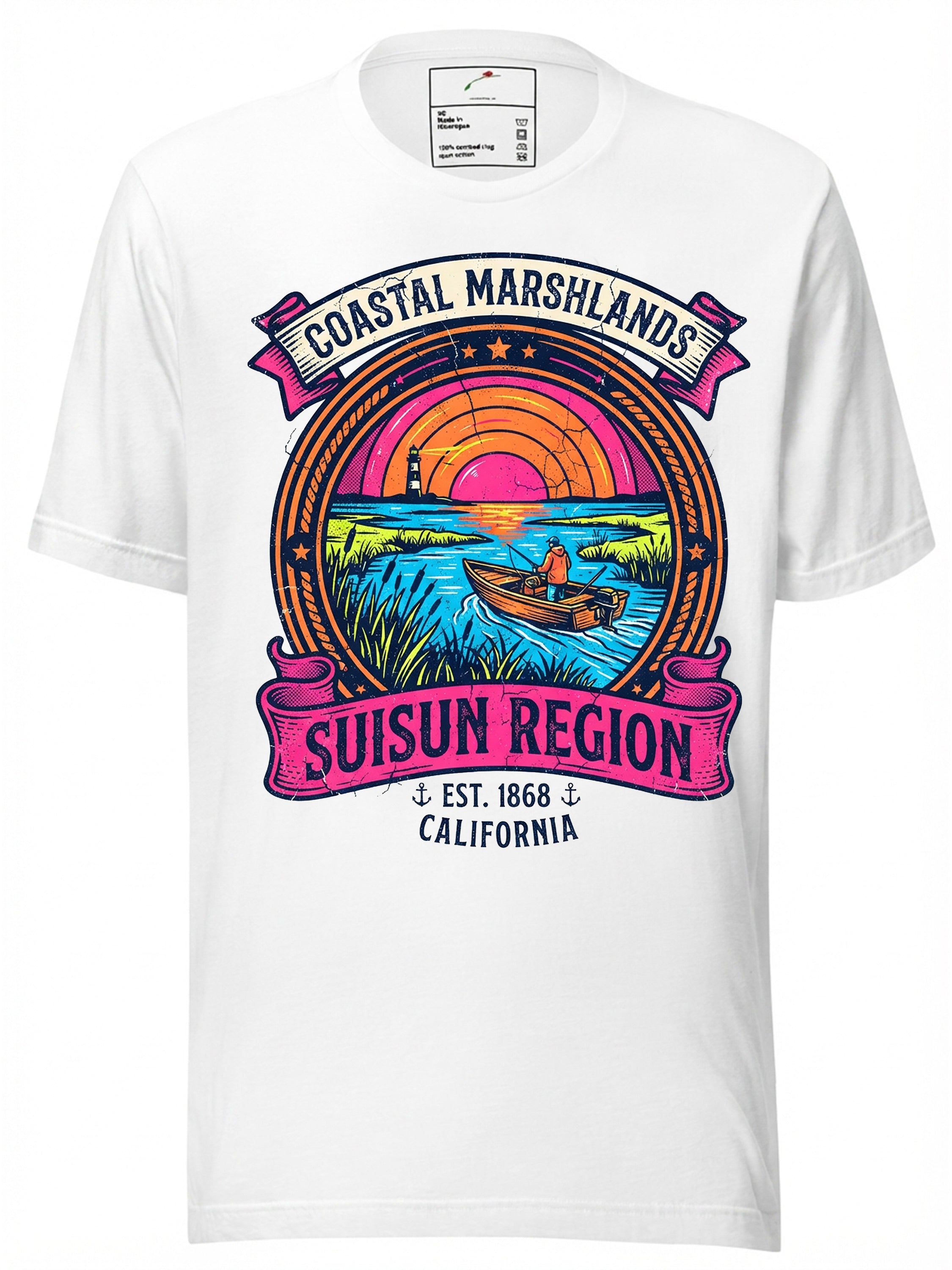 White graphic tee t shirt featuring Coastal Marshlands Suisun Region design with colorful sunset and boat