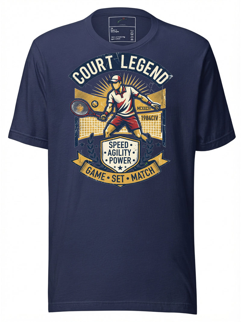 Navy graphic tees t shirt featuring a tennis player with court legend design and bold colors