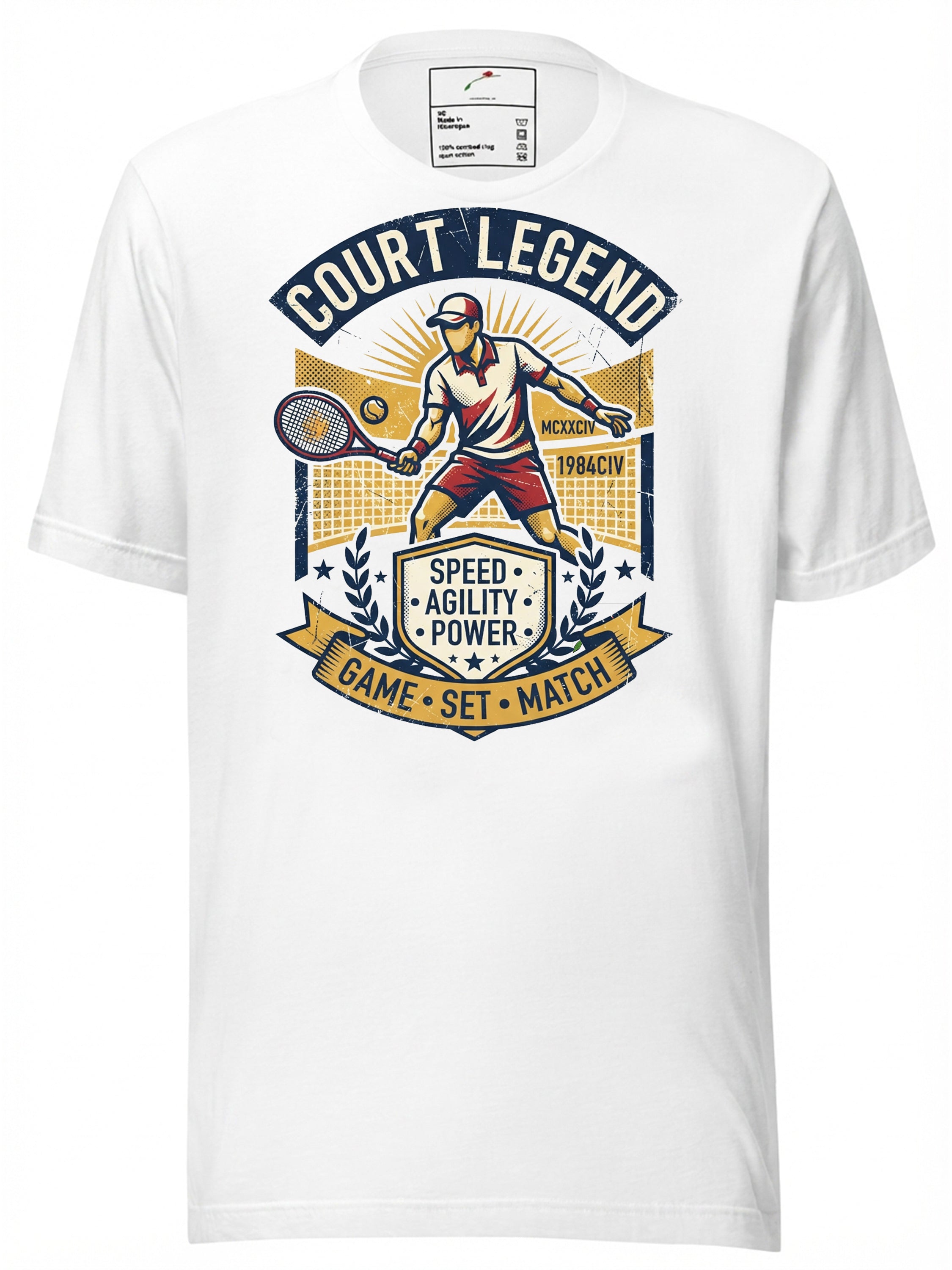White graphic tees t shirt featuring a tennis player with 'Court Legend' design for sports enthusiasts