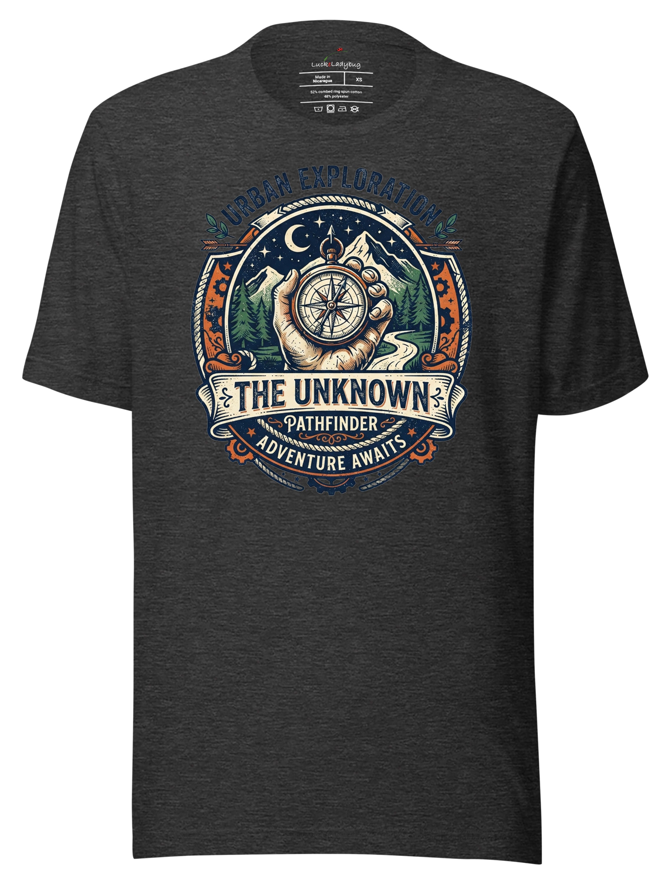 LuckeLadybug graphic tees t shirt featuring an adventure badge design with mountains and compass