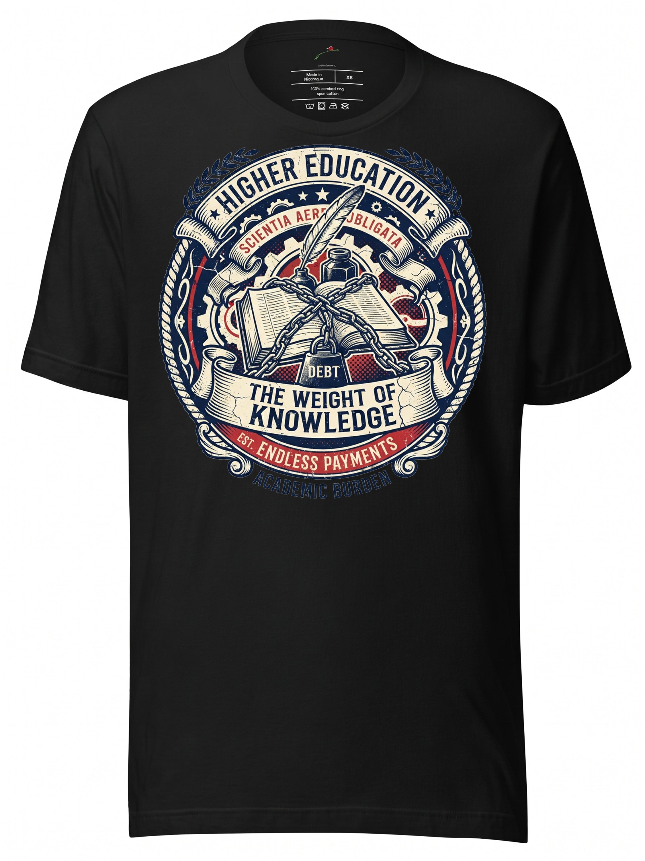 LuckeLadybug graphic tees t shirt featuring a comic-style design with academic themes