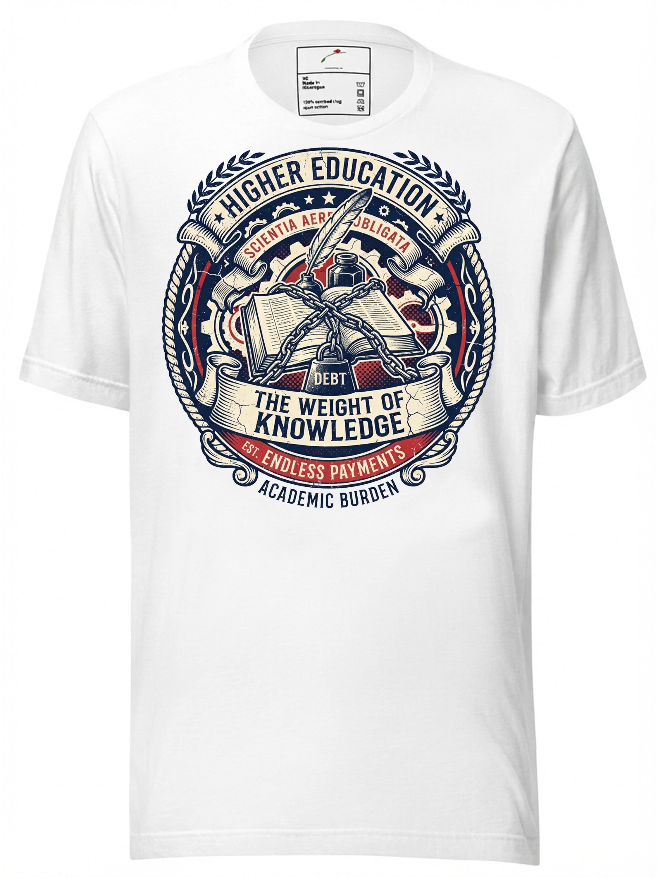 White graphic tees t shirt featuring a design that symbolizes higher education and academic burdens