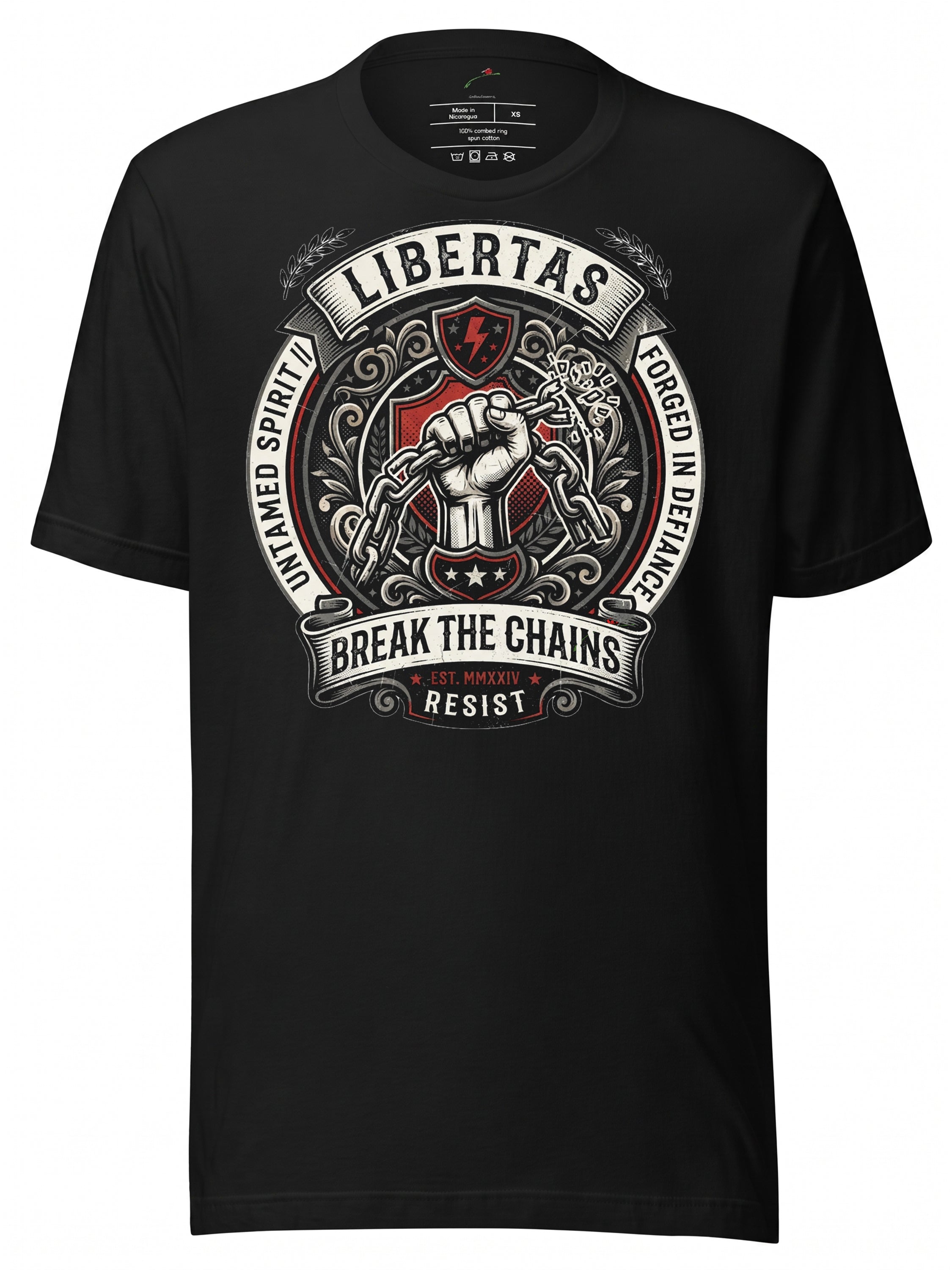 LuckeLadybug graphic tees t shirt featuring a bold design with a raised fist and chains for a powerful message