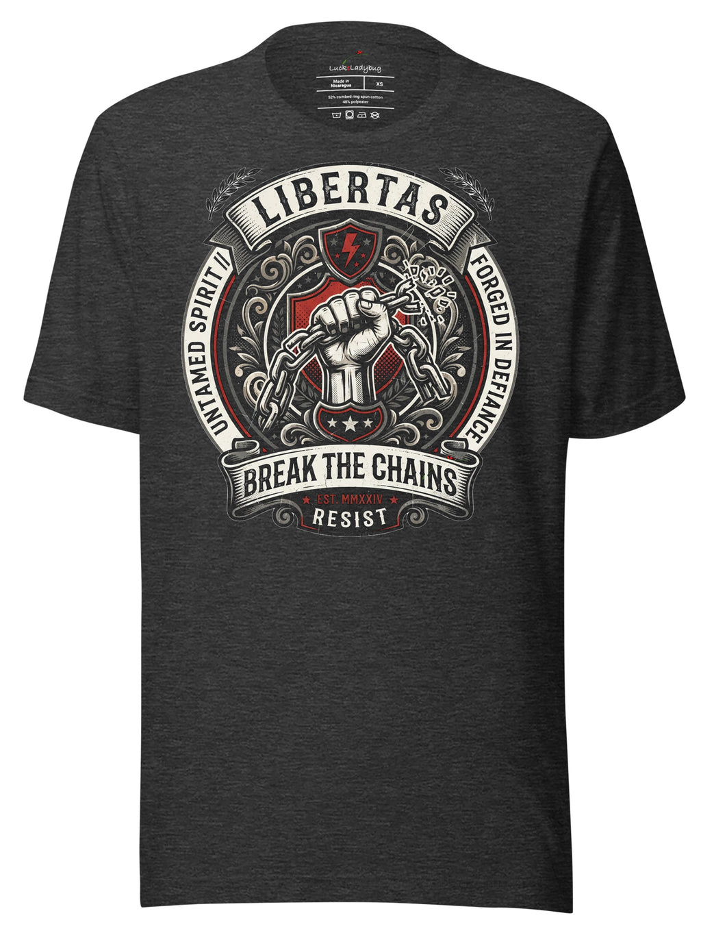 LuckeLadybug LLC graphic tees t shirt featuring a bold fist and 'Libertas' design in dark gray