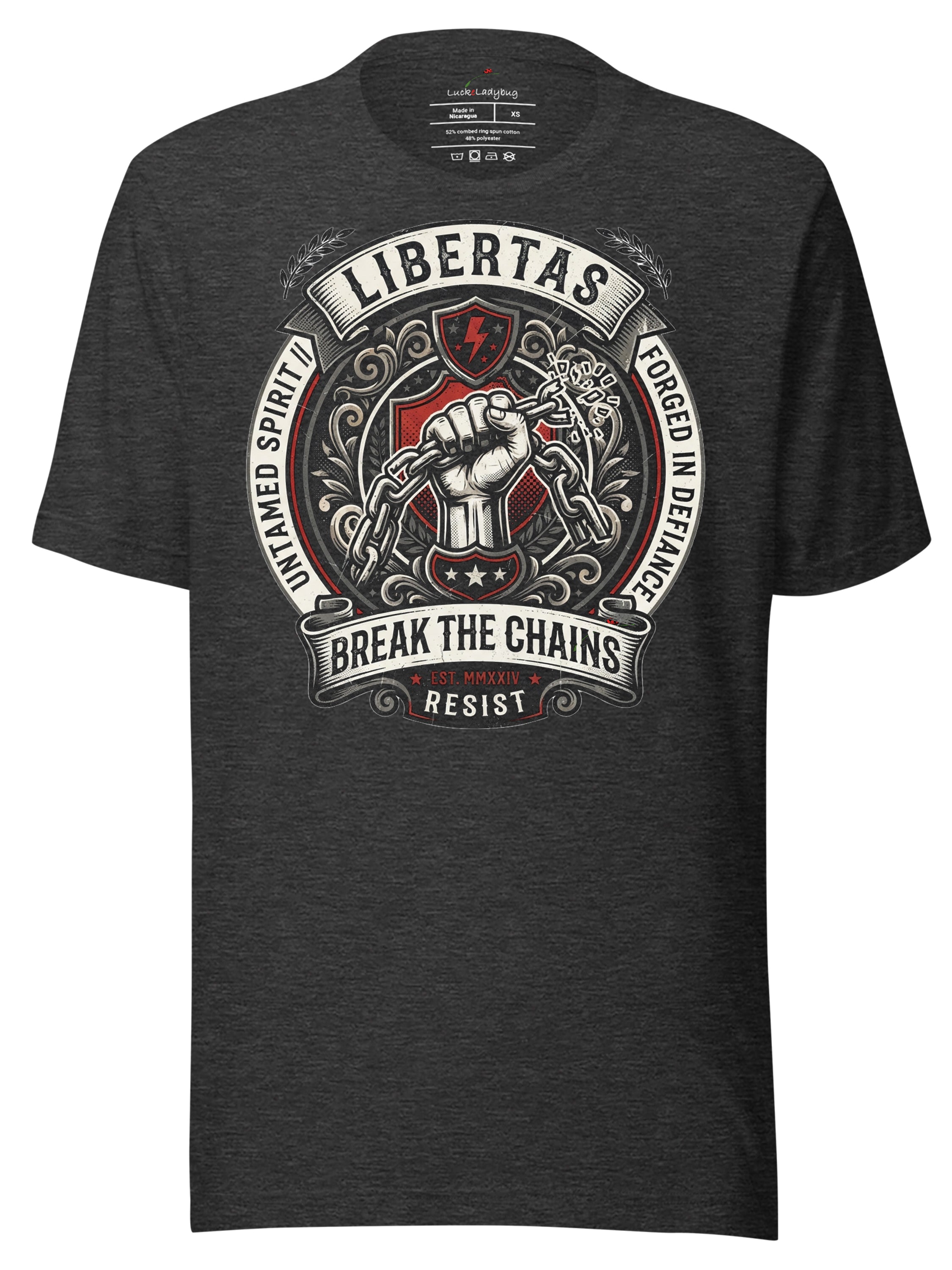LuckeLadybug LLC graphic tees t shirt featuring a bold fist and 'Libertas' design in dark gray